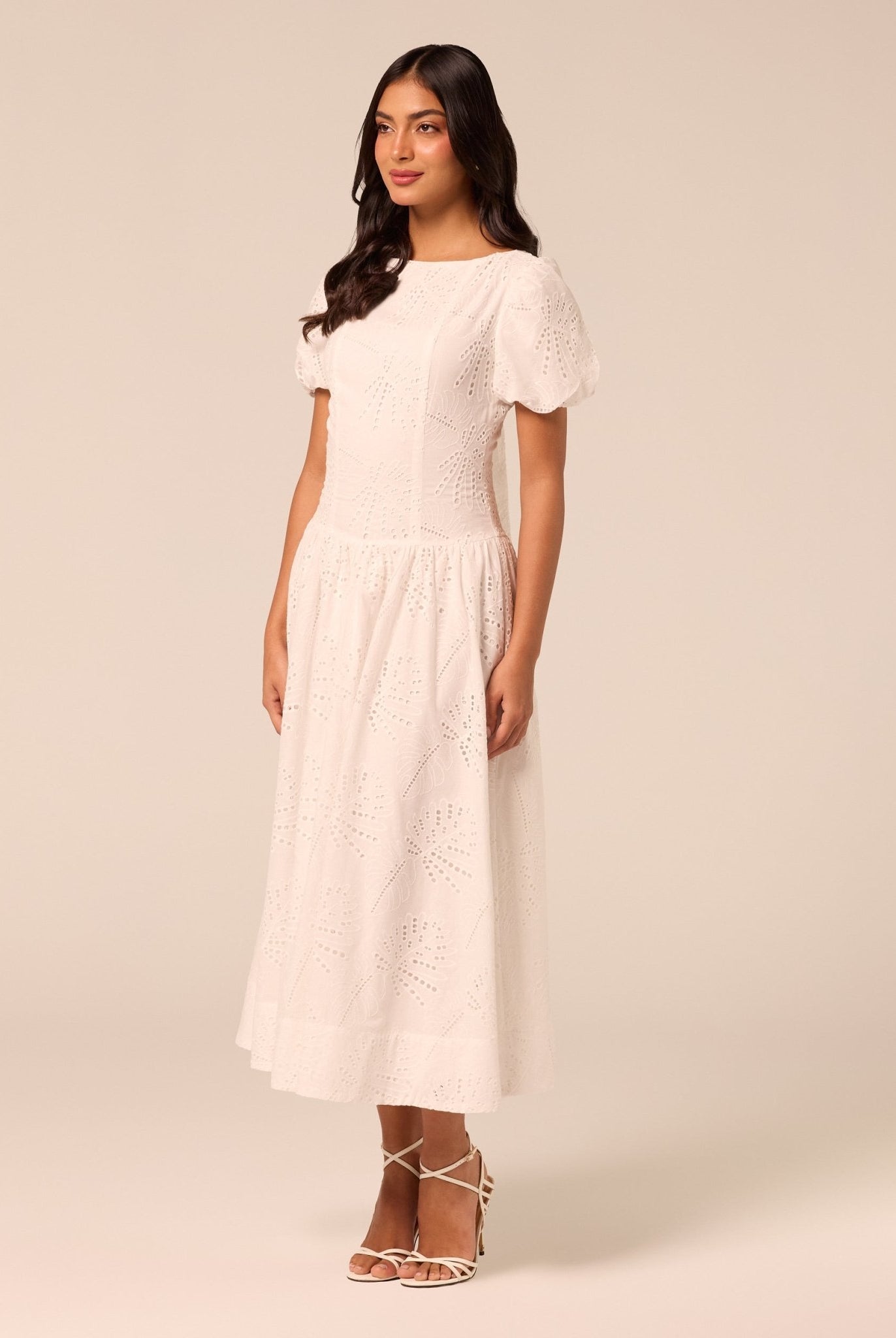 Puff Sleeve A-line Lace Midi Dress - shopaleena