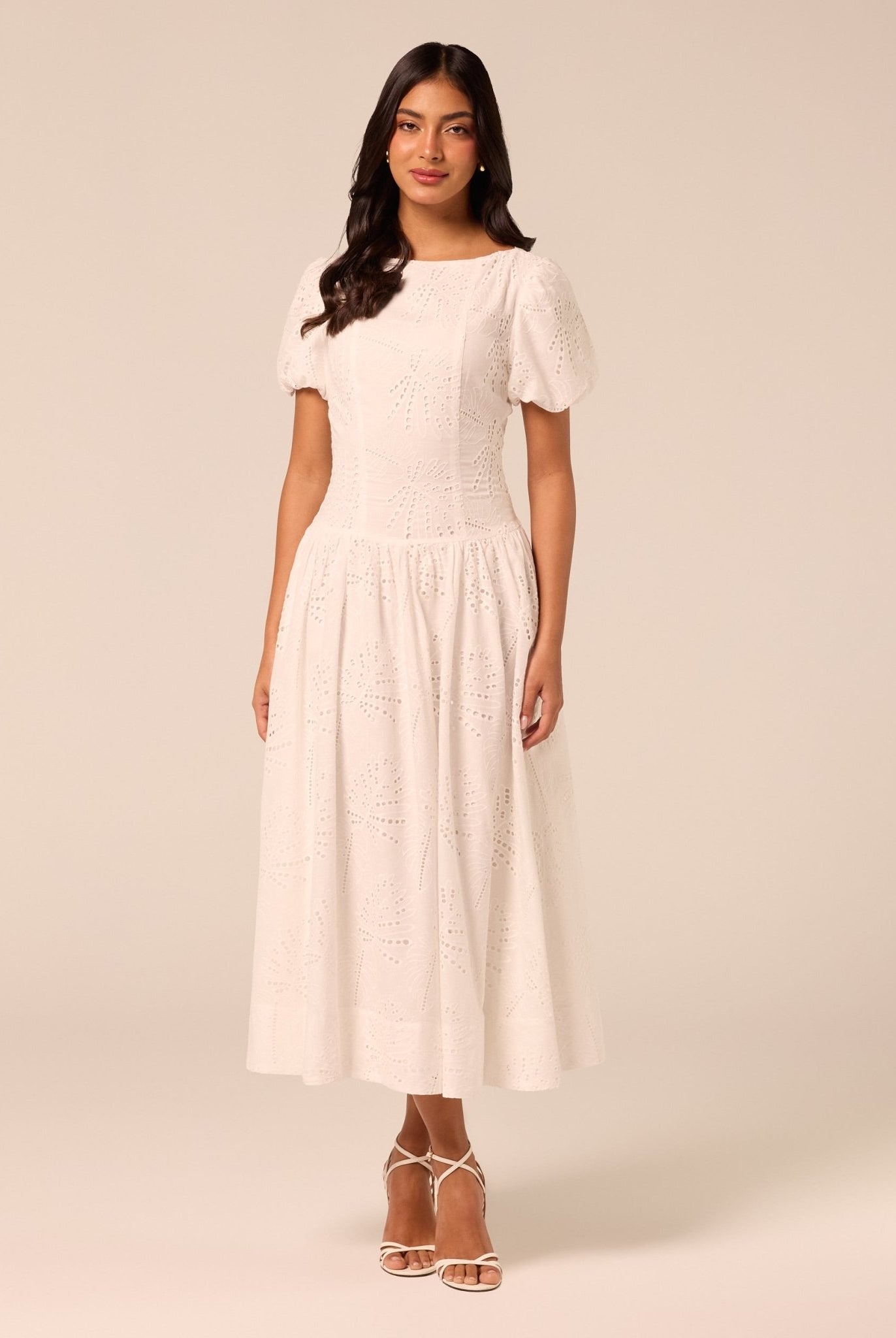 Puff Sleeve A-line Lace Midi Dress - shopaleena