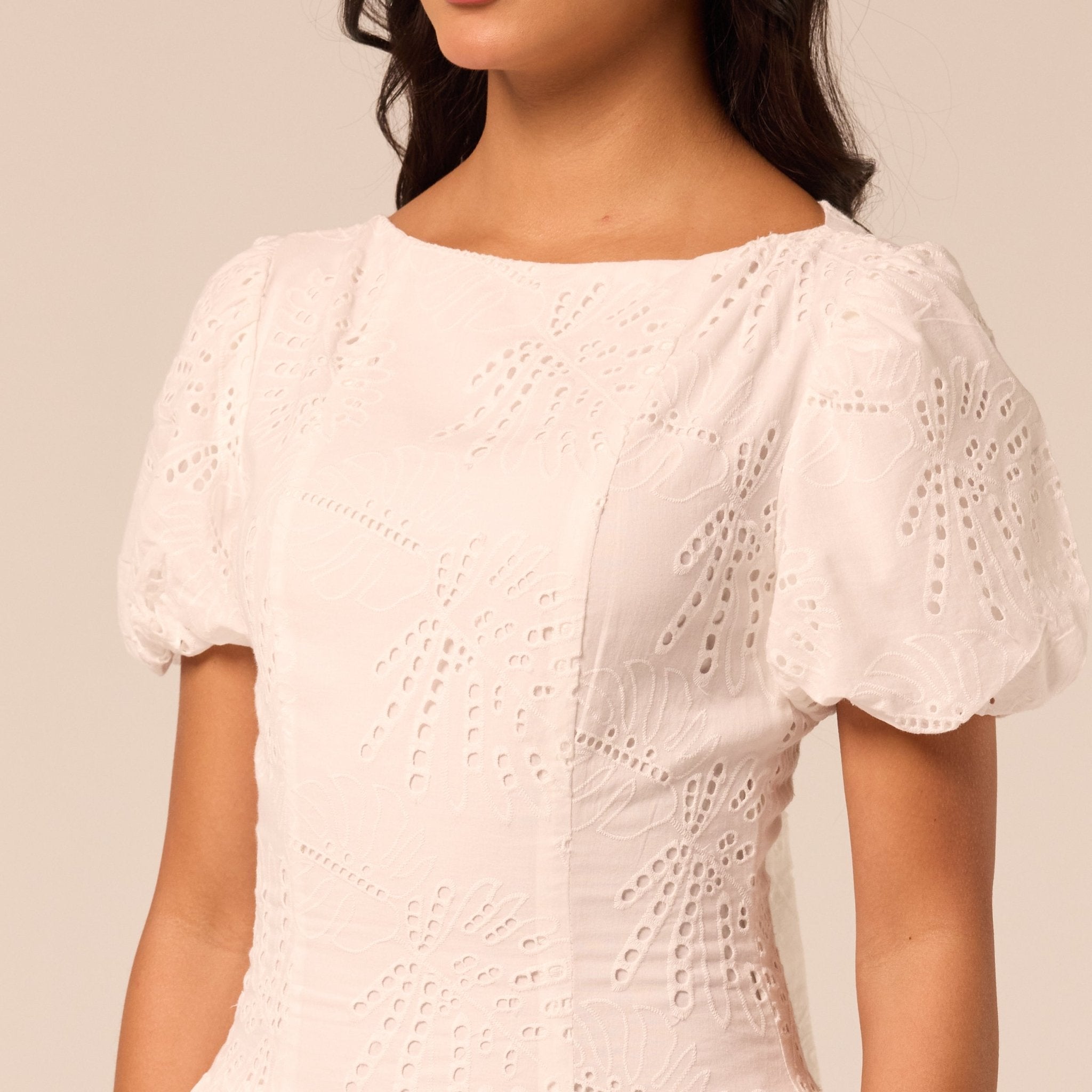 Puff Sleeve A-line Lace Midi Dress - shopaleena