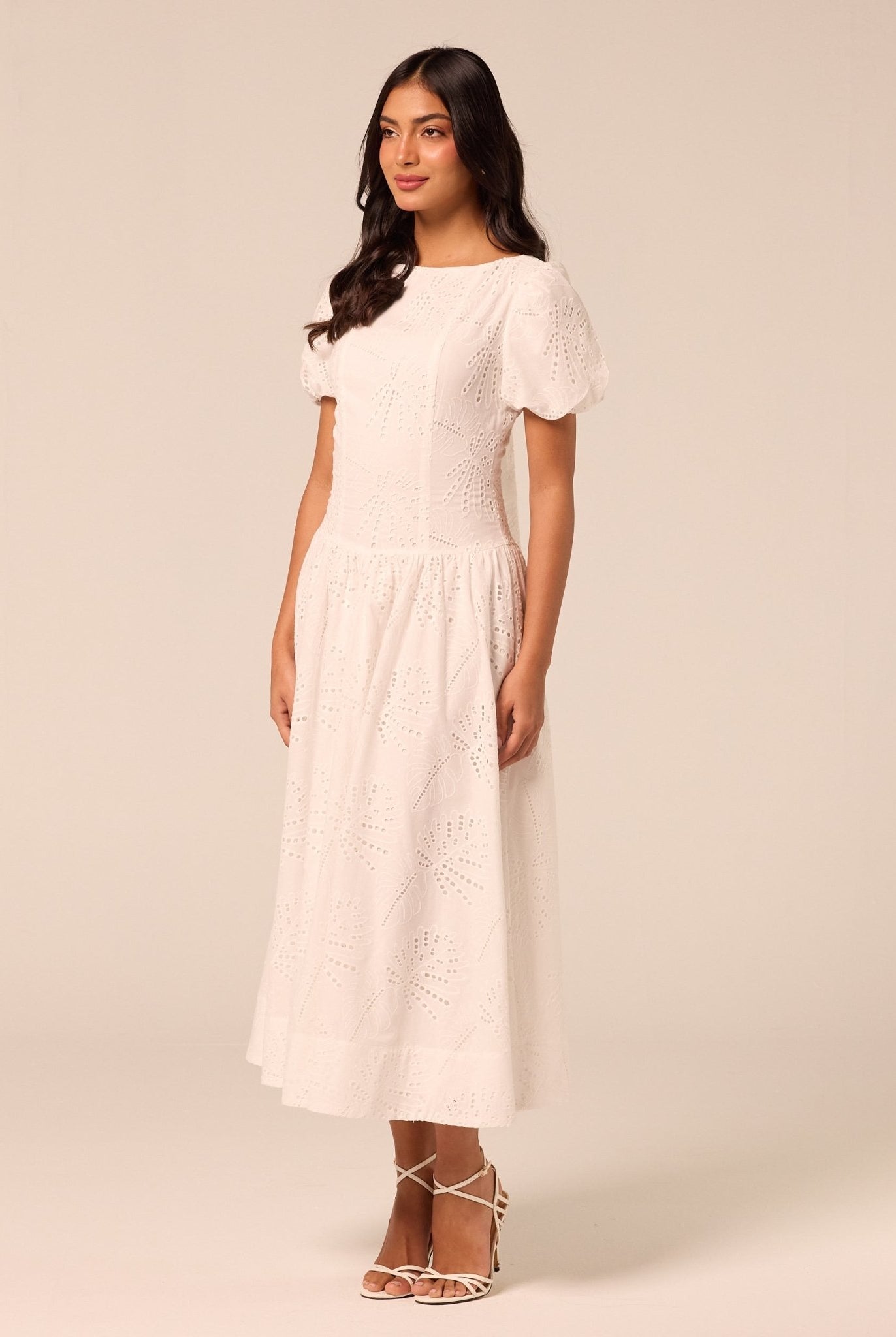 Puff Sleeve A-line Lace Midi Dress - shopaleena