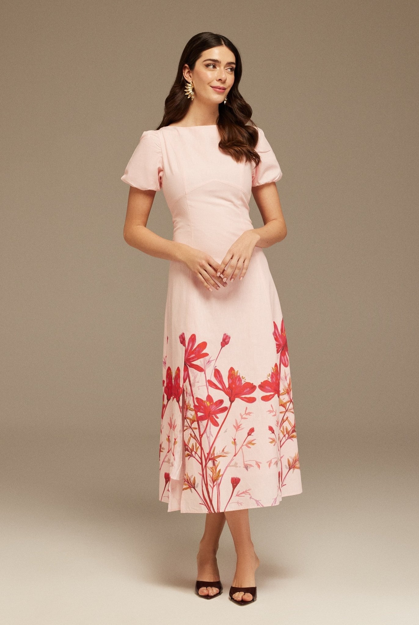 Puffy Sleeve Midi Dress With Printed Hem - shopaleena