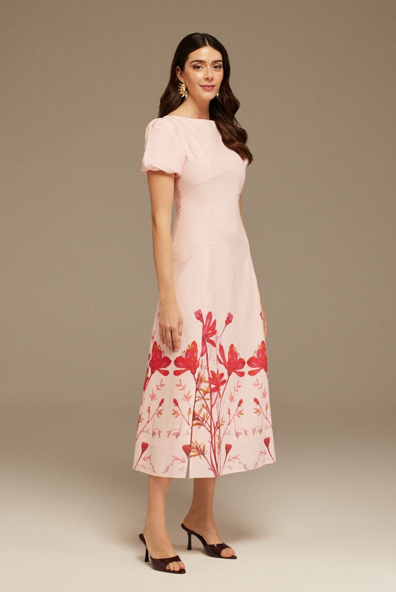 Puffy Sleeve Midi Dress With Printed Hem - shopaleena