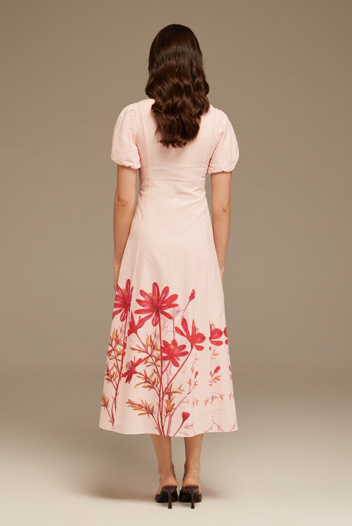 Puffy Sleeve Midi Dress With Printed Hem - shopaleena