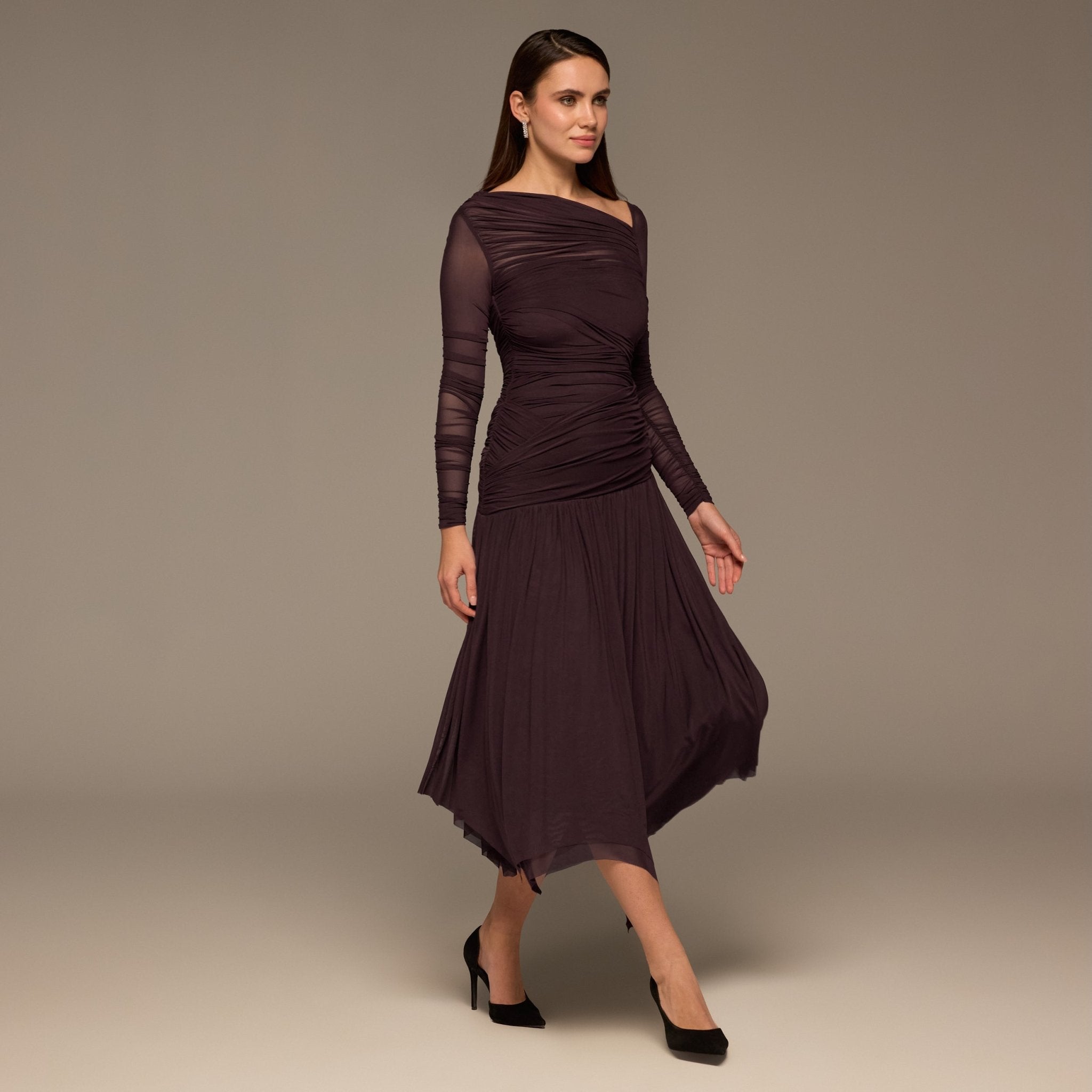 Purple Asymmetric Ruched Tulle Maxi Dress - shopaleena