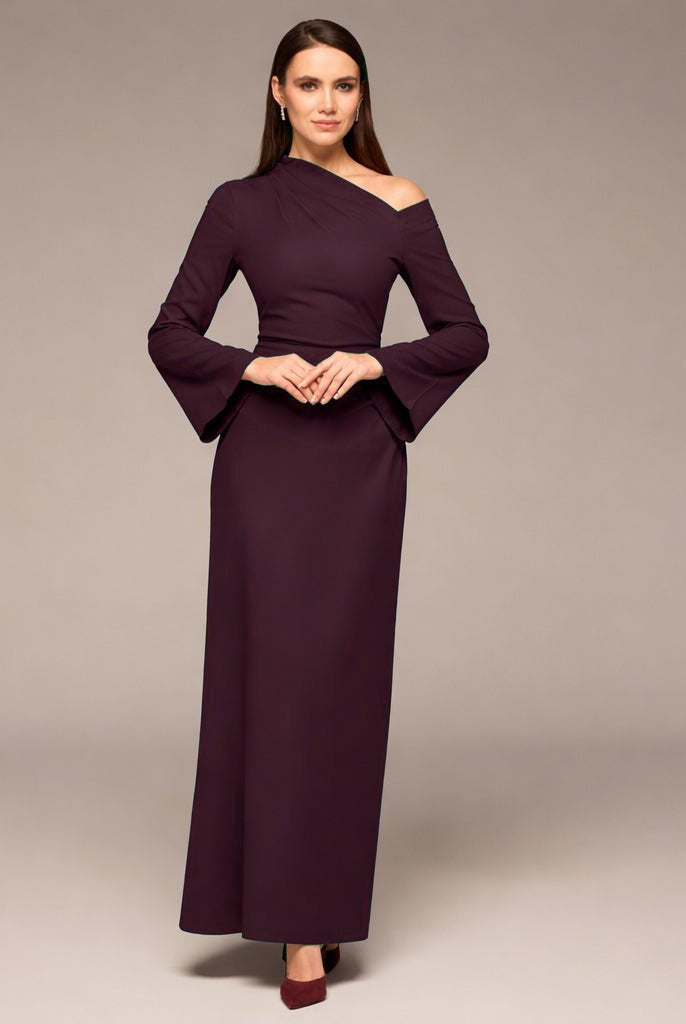 Purple Bare shoulder Crepe Maxi Dress - shopaleena