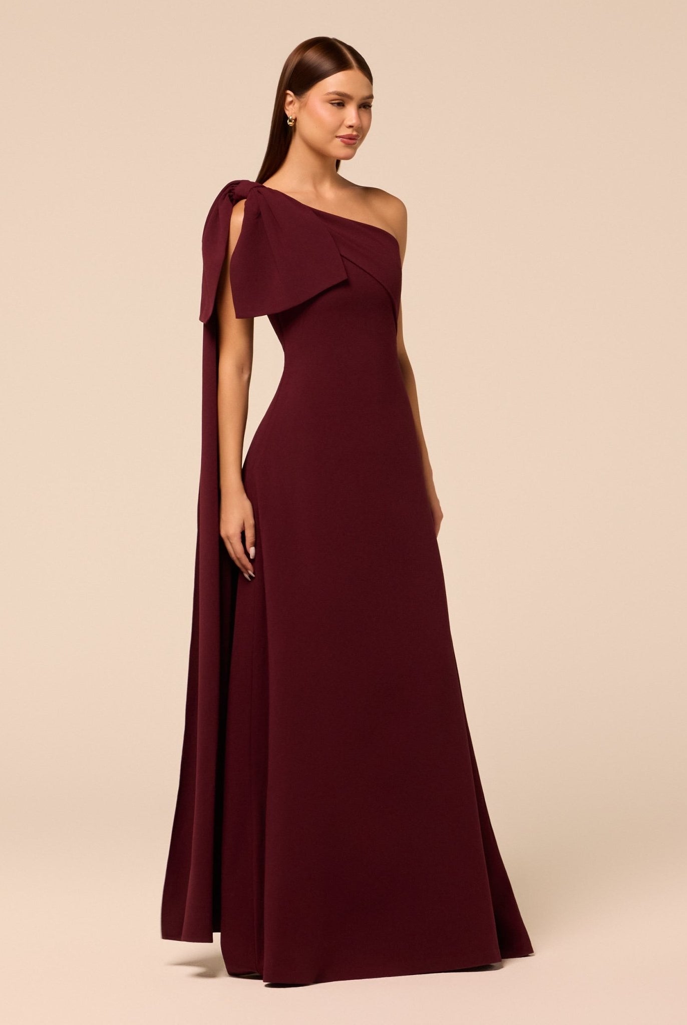 Purple Bow One-Shoulder Crepe Maxi Dress - shopaleena