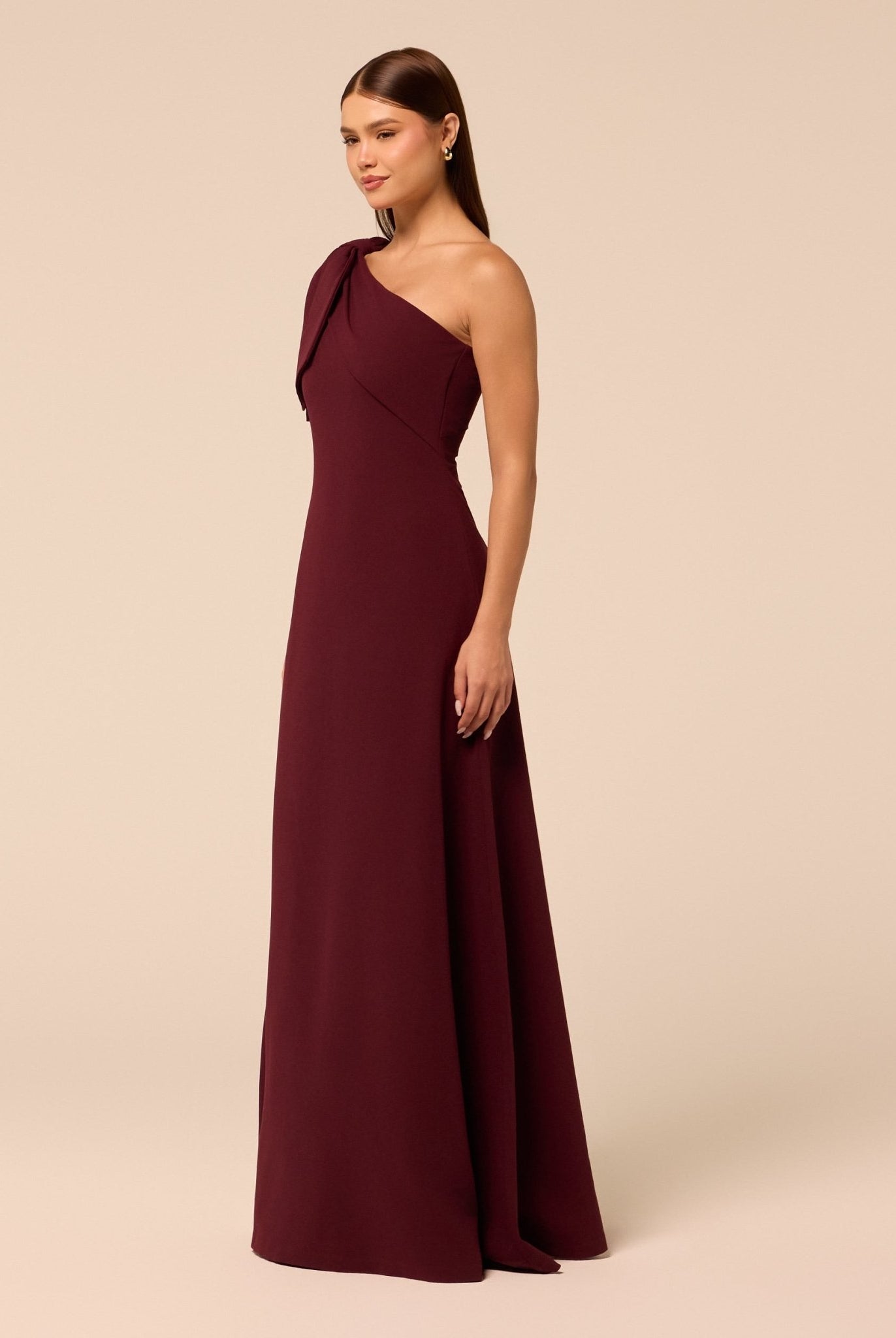 Purple Bow One-Shoulder Crepe Maxi Dress - shopaleena