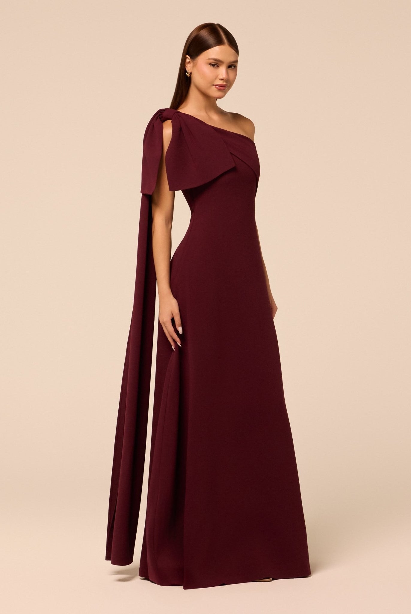 Purple Bow One-Shoulder Crepe Maxi Dress - shopaleena