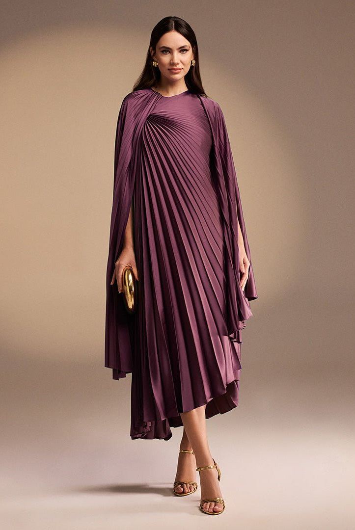 Purple Cape Pleated Satin Midi Dress - shopaleena