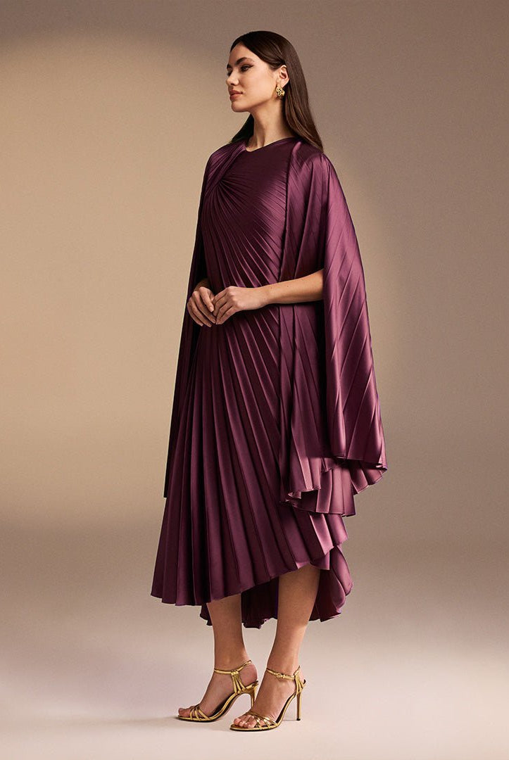 Purple Cape Pleated Satin Midi Dress - shopaleena