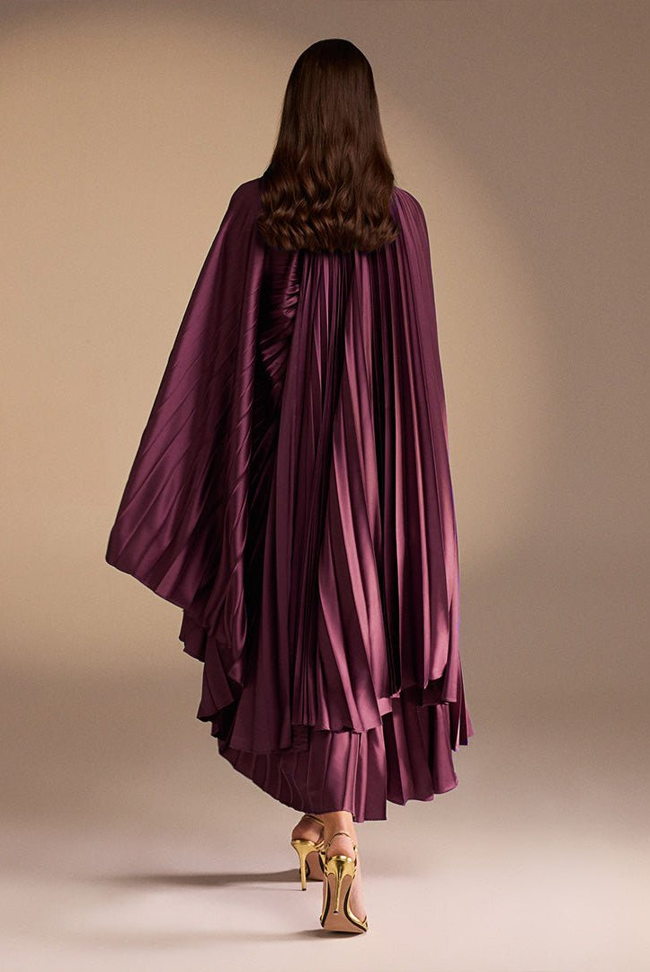 Purple Cape Pleated Satin Midi Dress - shopaleena