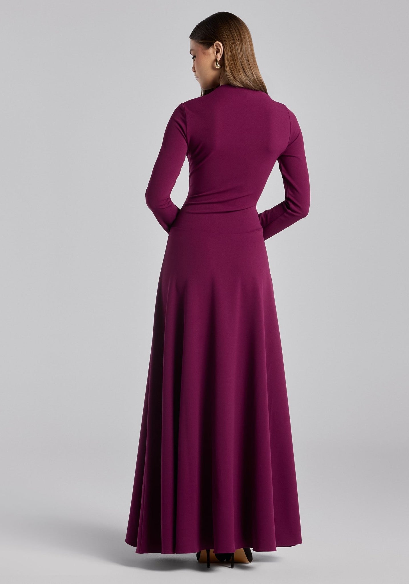 Purple Crepe Draped Asymmetric Neck Maxi Dress - shopaleena