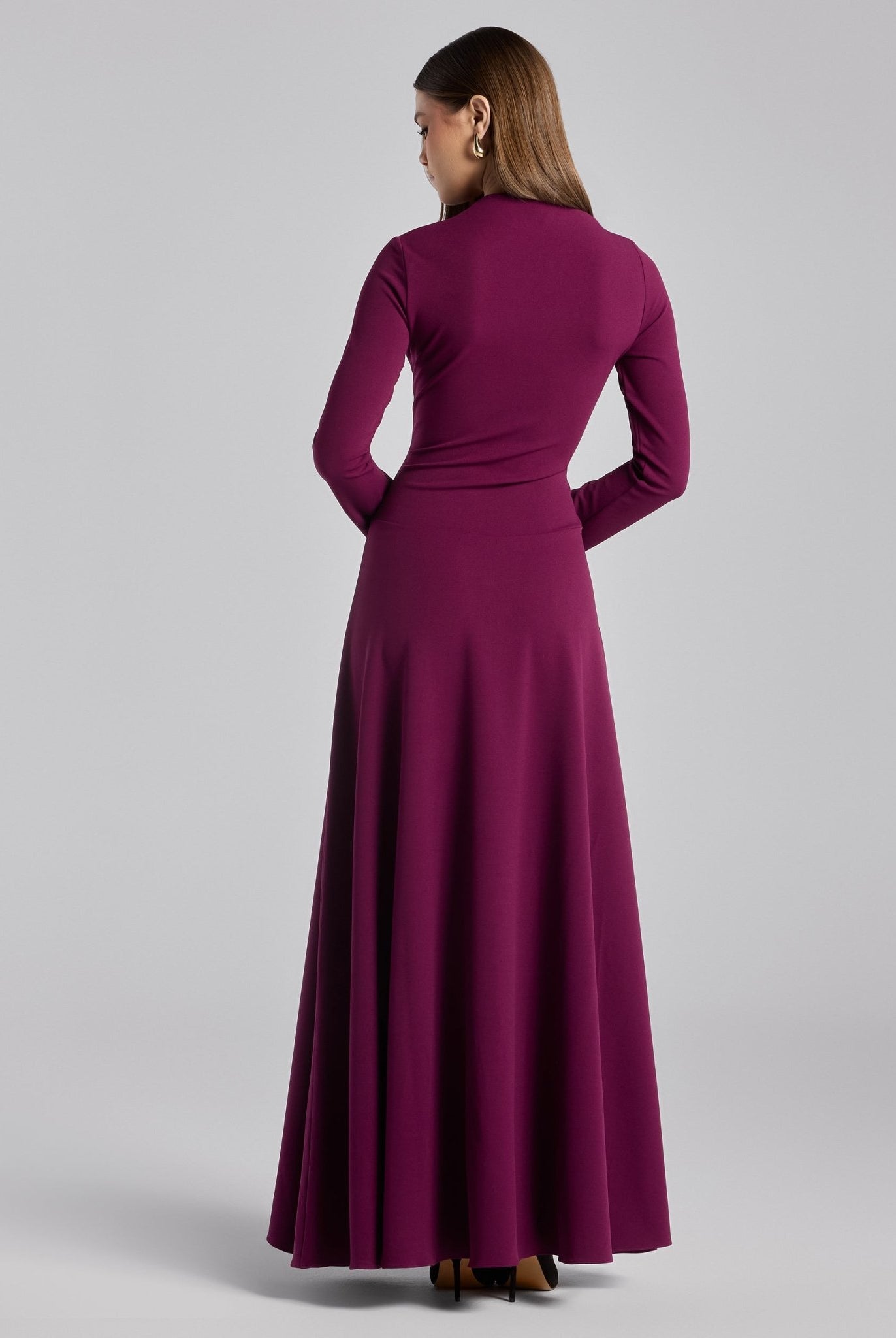 Purple Crepe Draped Asymmetric Neck Maxi Dress - shopaleena