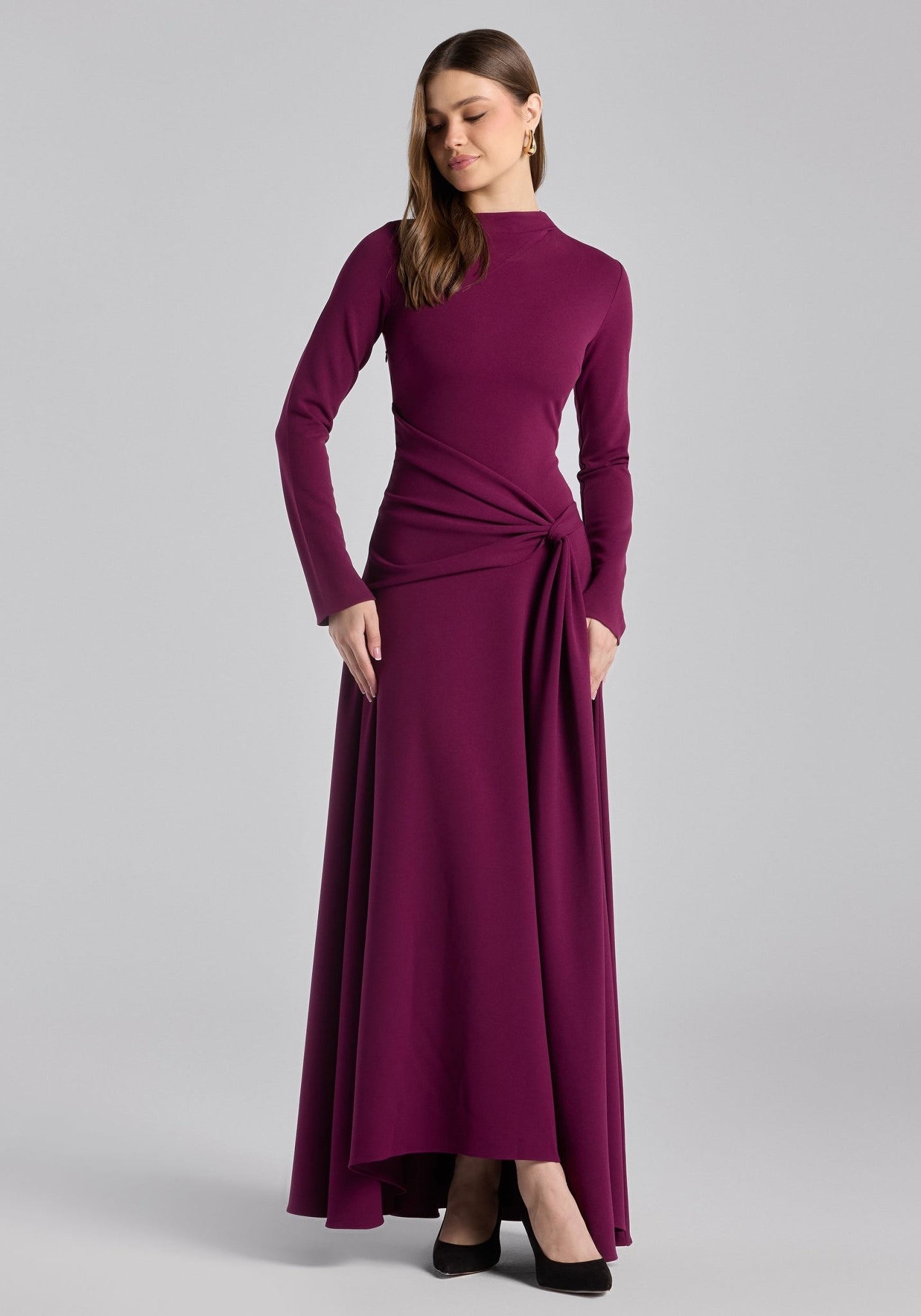 Purple Crepe Draped Asymmetric Neck Maxi Dress - shopaleena