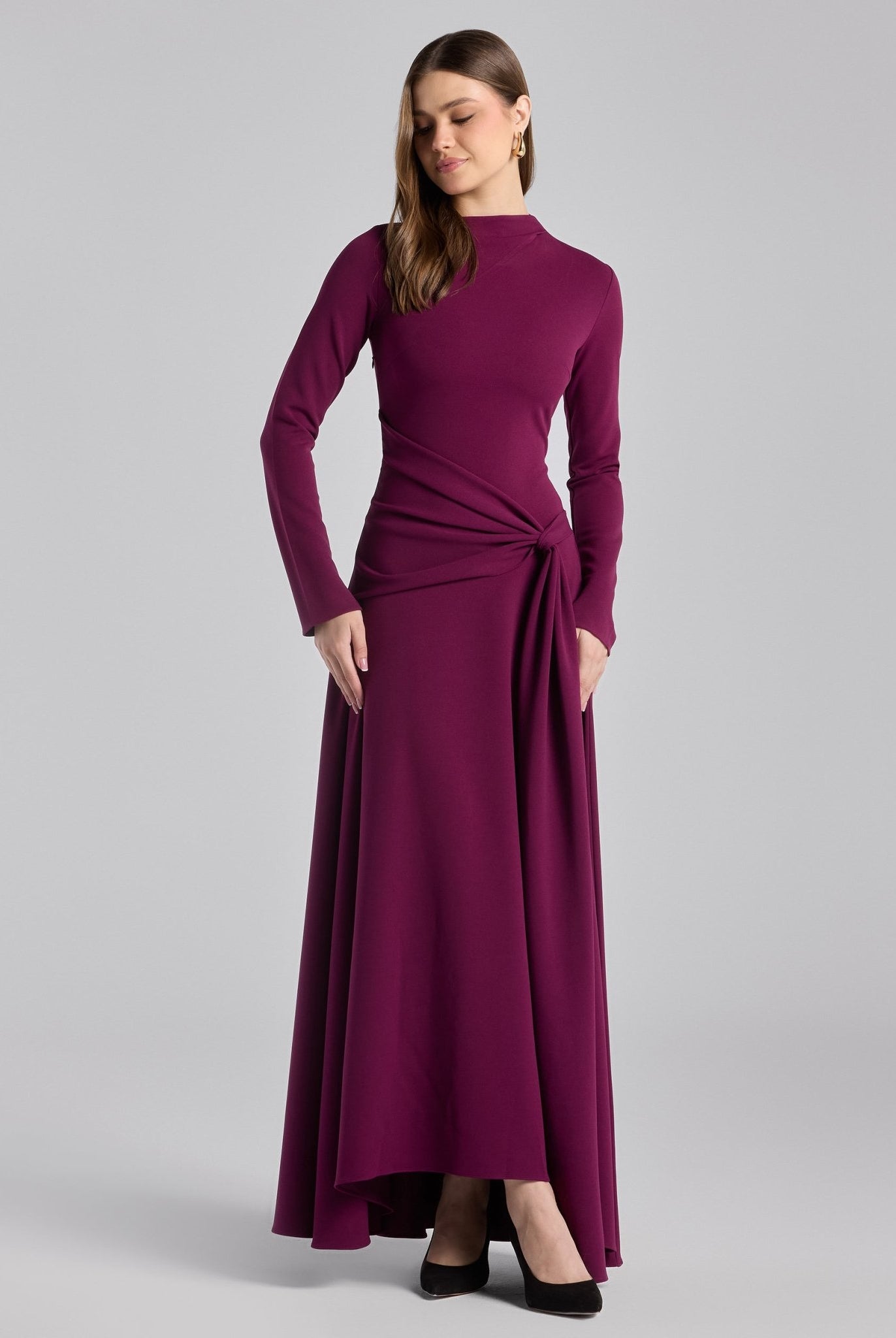 Purple Crepe Draped Asymmetric Neck Maxi Dress - shopaleena