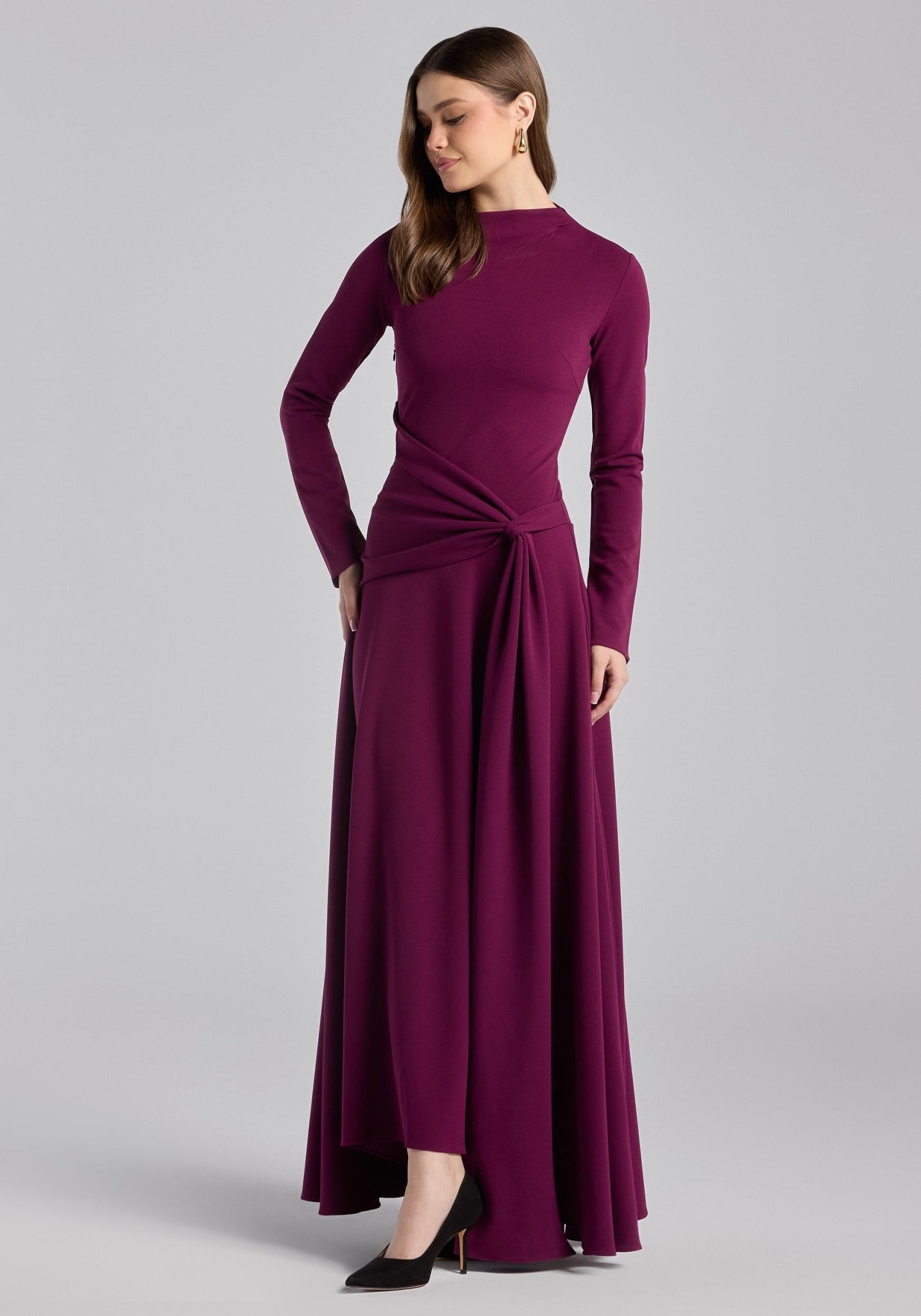 Purple Crepe Draped Asymmetric Neck Maxi Dress - shopaleena