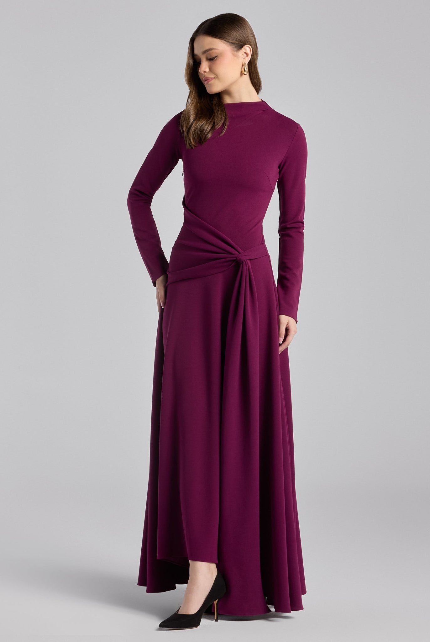 Purple Crepe Draped Asymmetric Neck Maxi Dress - shopaleena