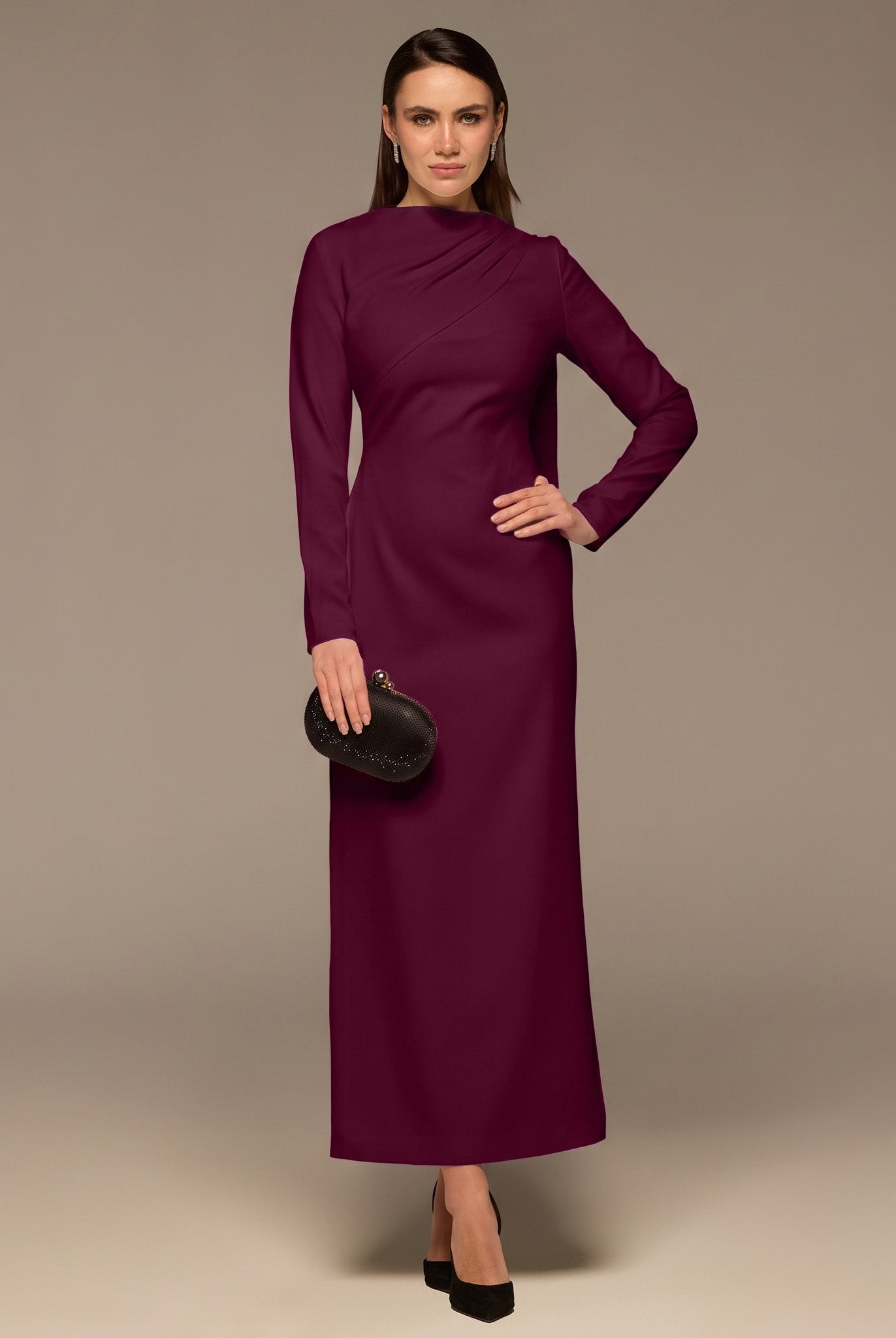Purple Crepe Draped Dress with Scarf - shopaleena