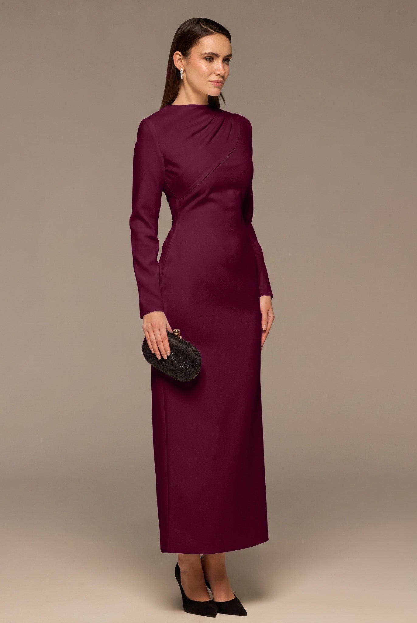 Purple Crepe Draped Dress with Scarf - shopaleena