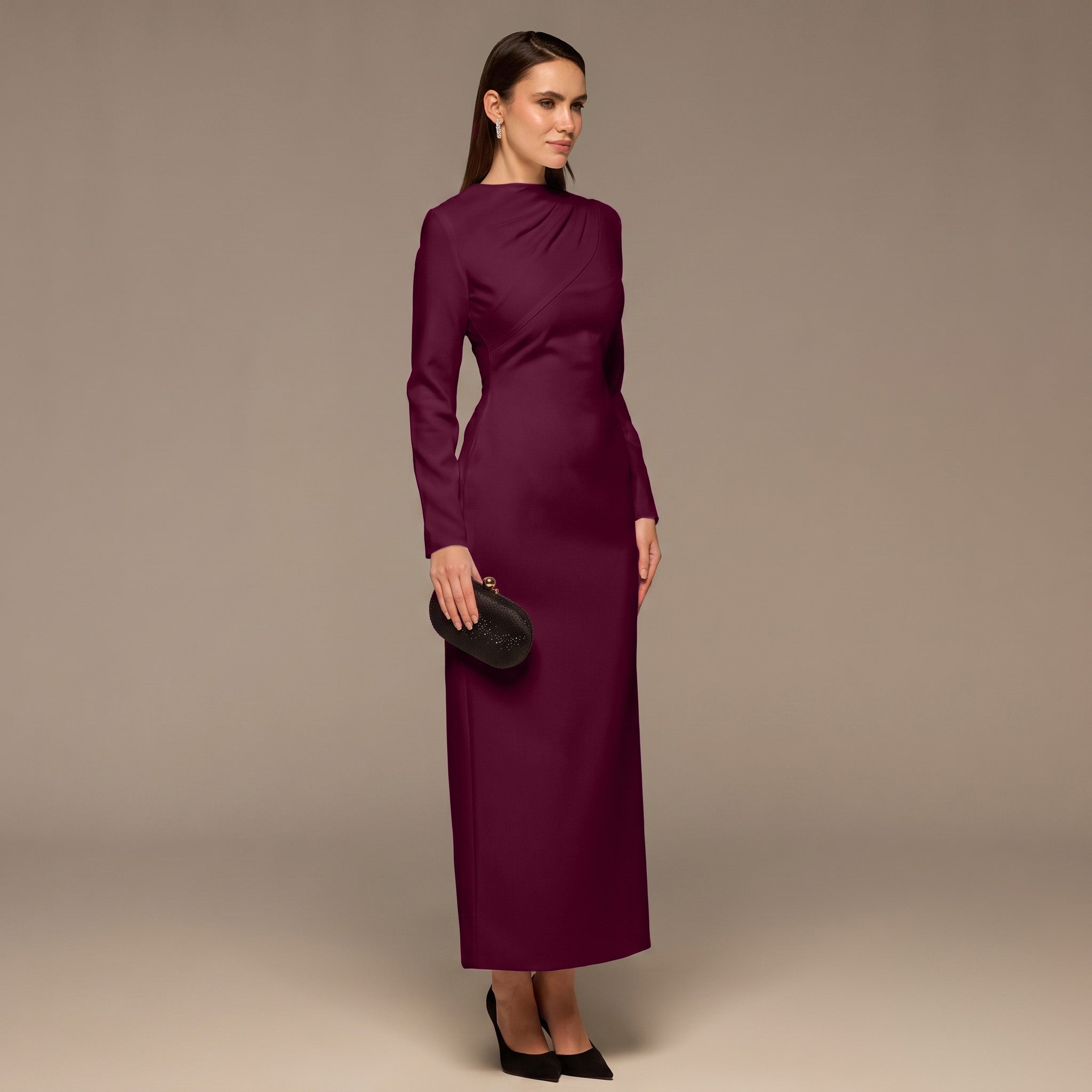 Purple Crepe Draped Dress with Scarf - shopaleena