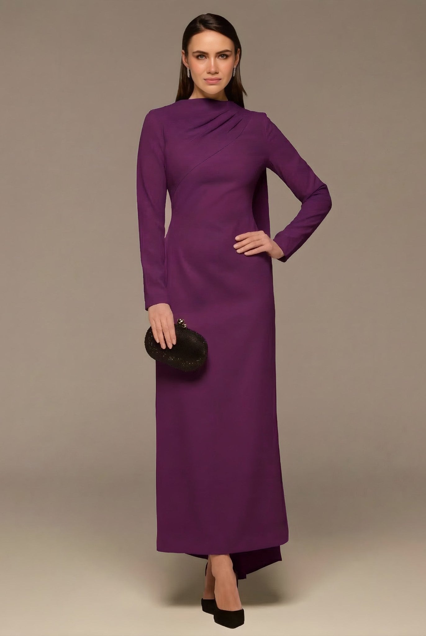 Purple Crepe Draped Dress with Scarf - shopaleena