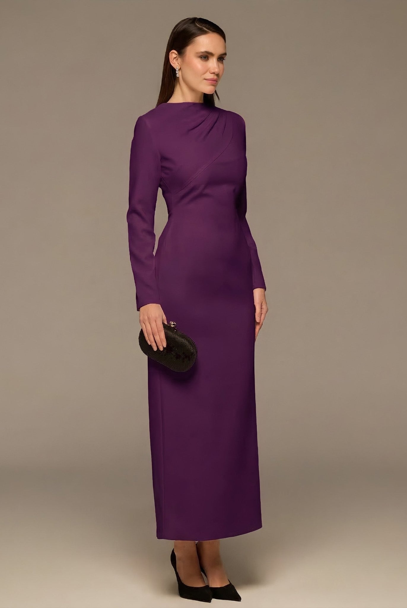 Purple Crepe Draped Dress with Scarf - shopaleena