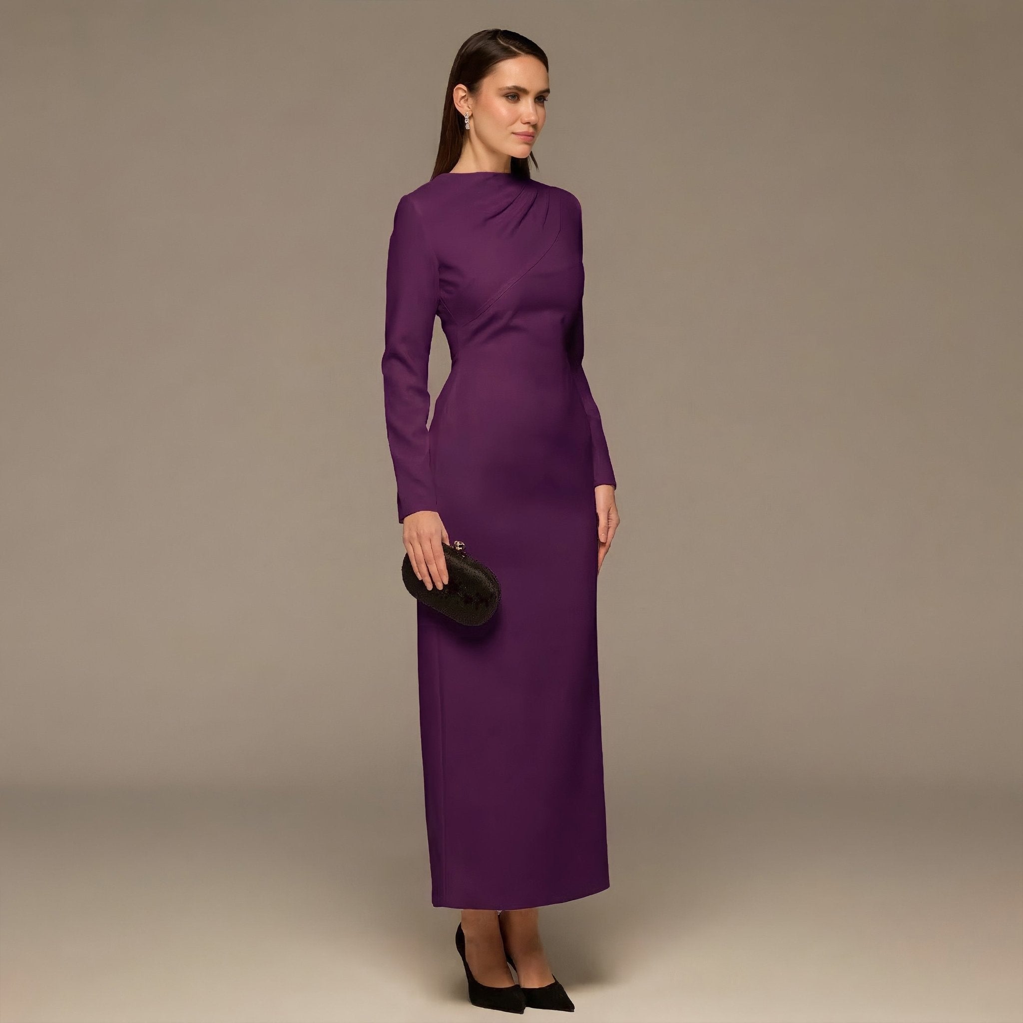 Purple Crepe Draped Dress with Scarf - shopaleena