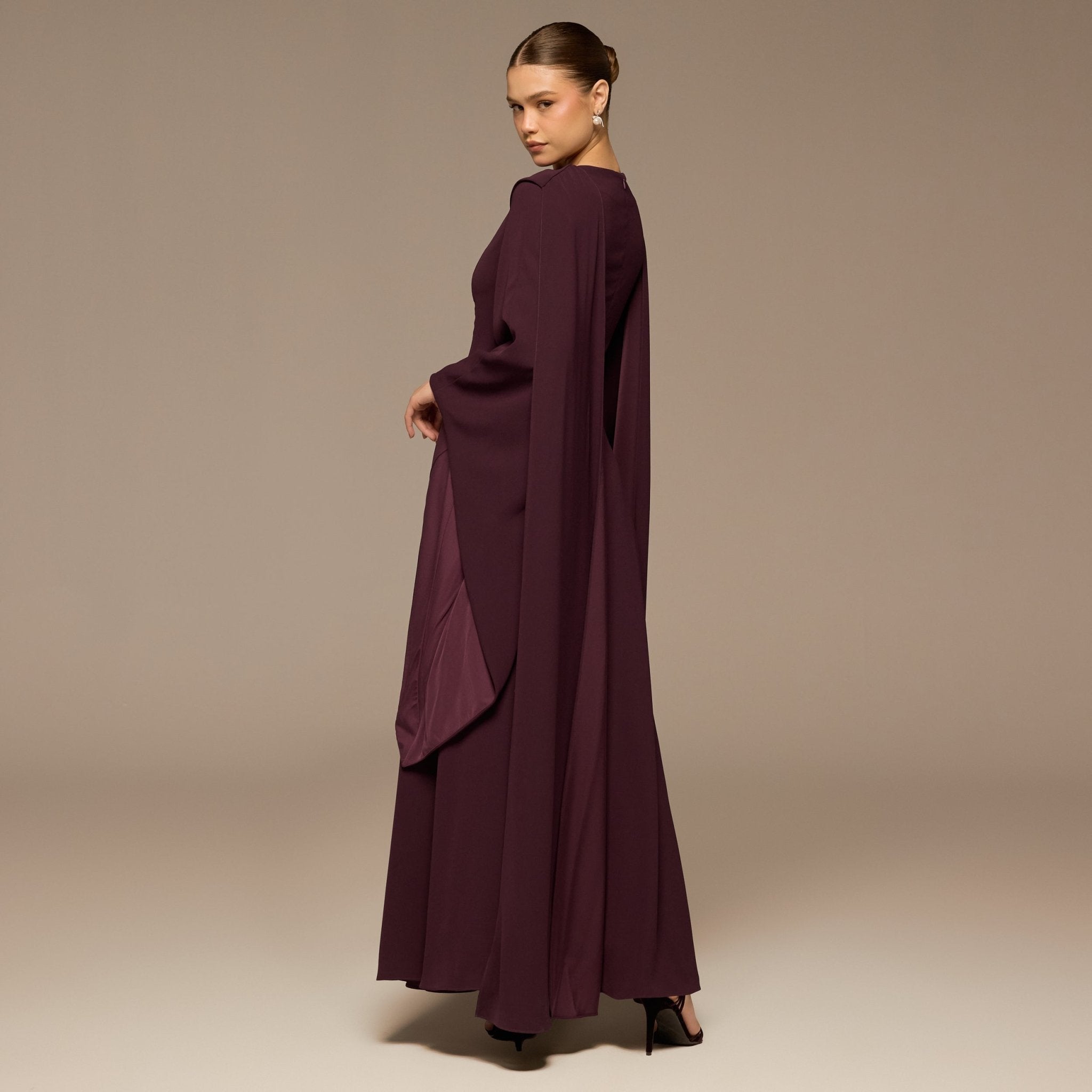 Purple Crepe Folded Collar Cape Dress - shopaleena