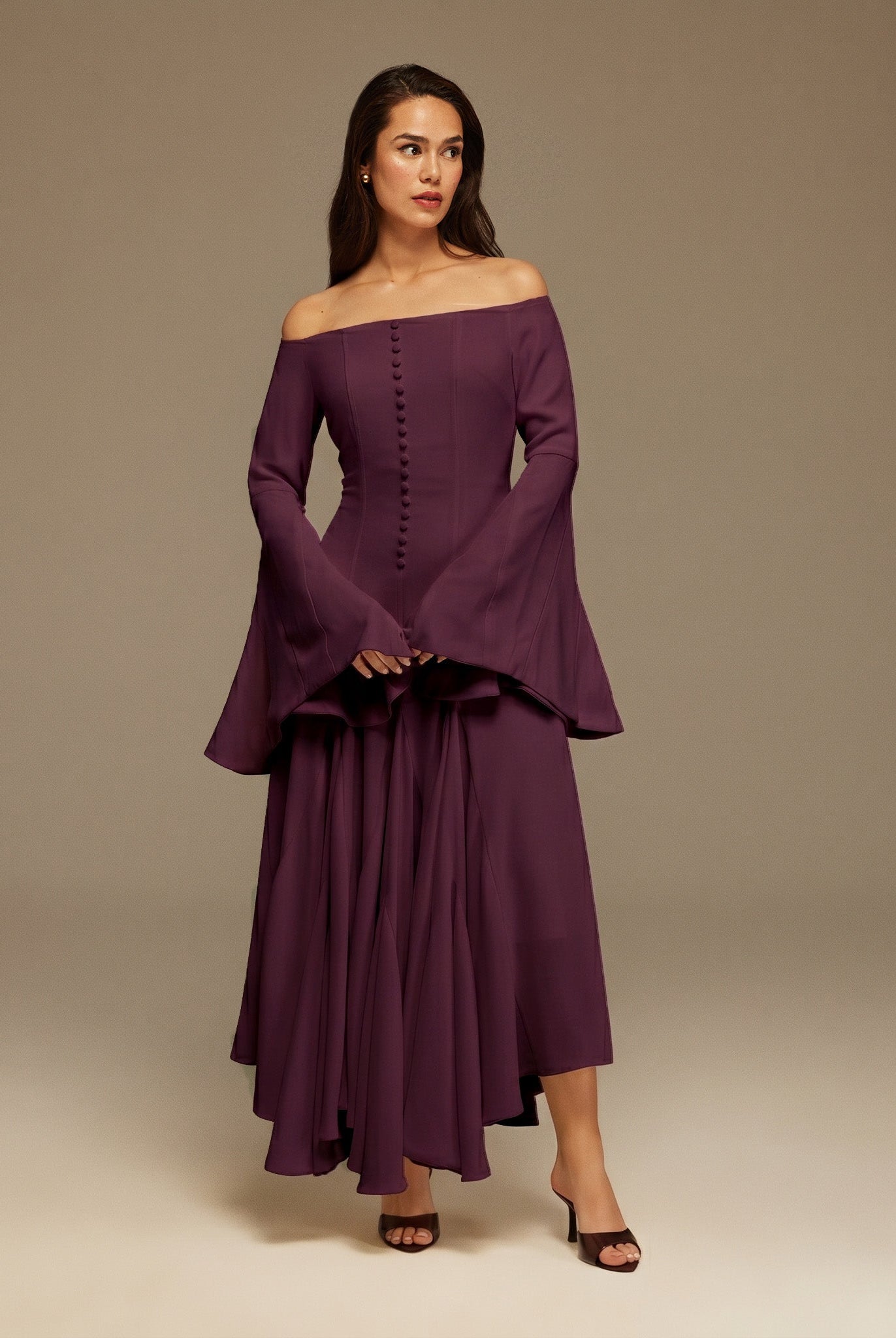 Purple Crepe Off Shoulder A - line Midi Dress - shopaleena