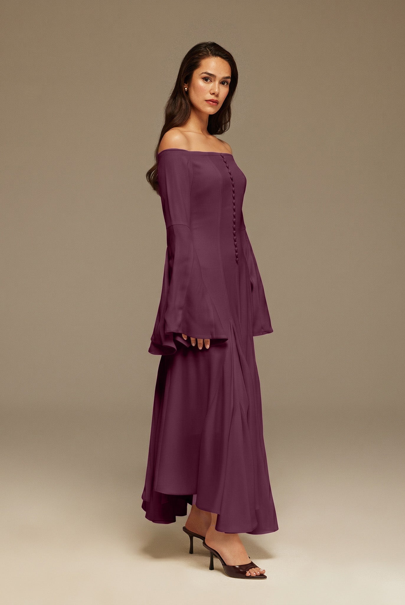 Purple Crepe Off Shoulder A - line Midi Dress - shopaleena