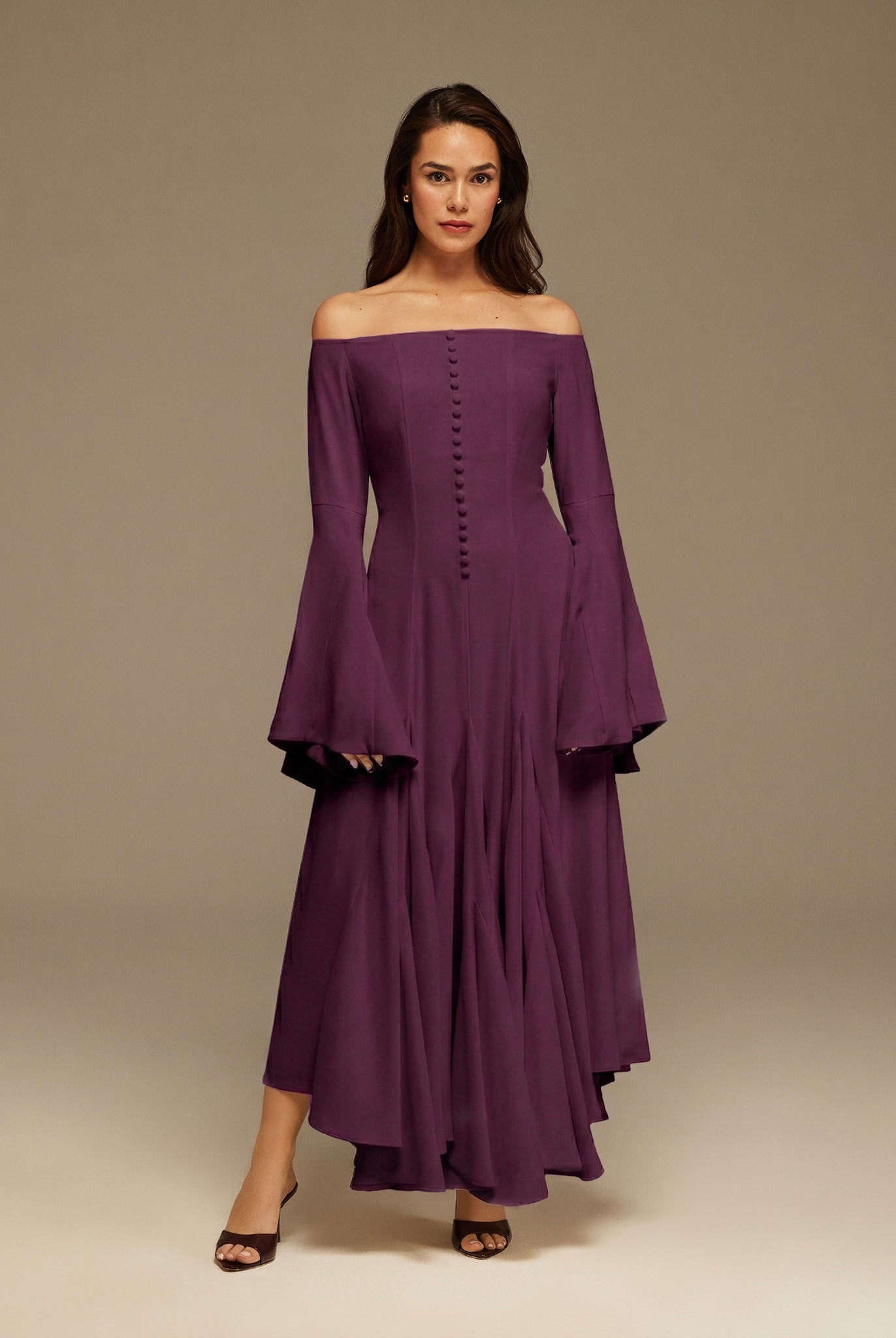 Purple Crepe Off Shoulder A - line Midi Dress - shopaleena