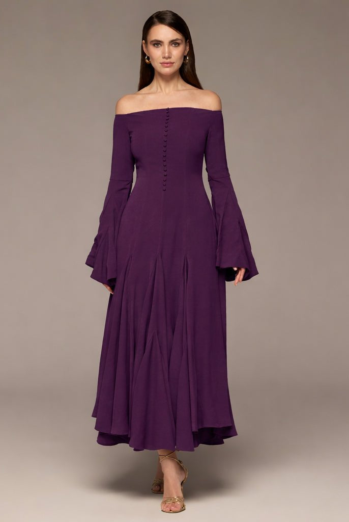 Purple Crepe Off Shoulder A - line Midi Dress - shopaleena