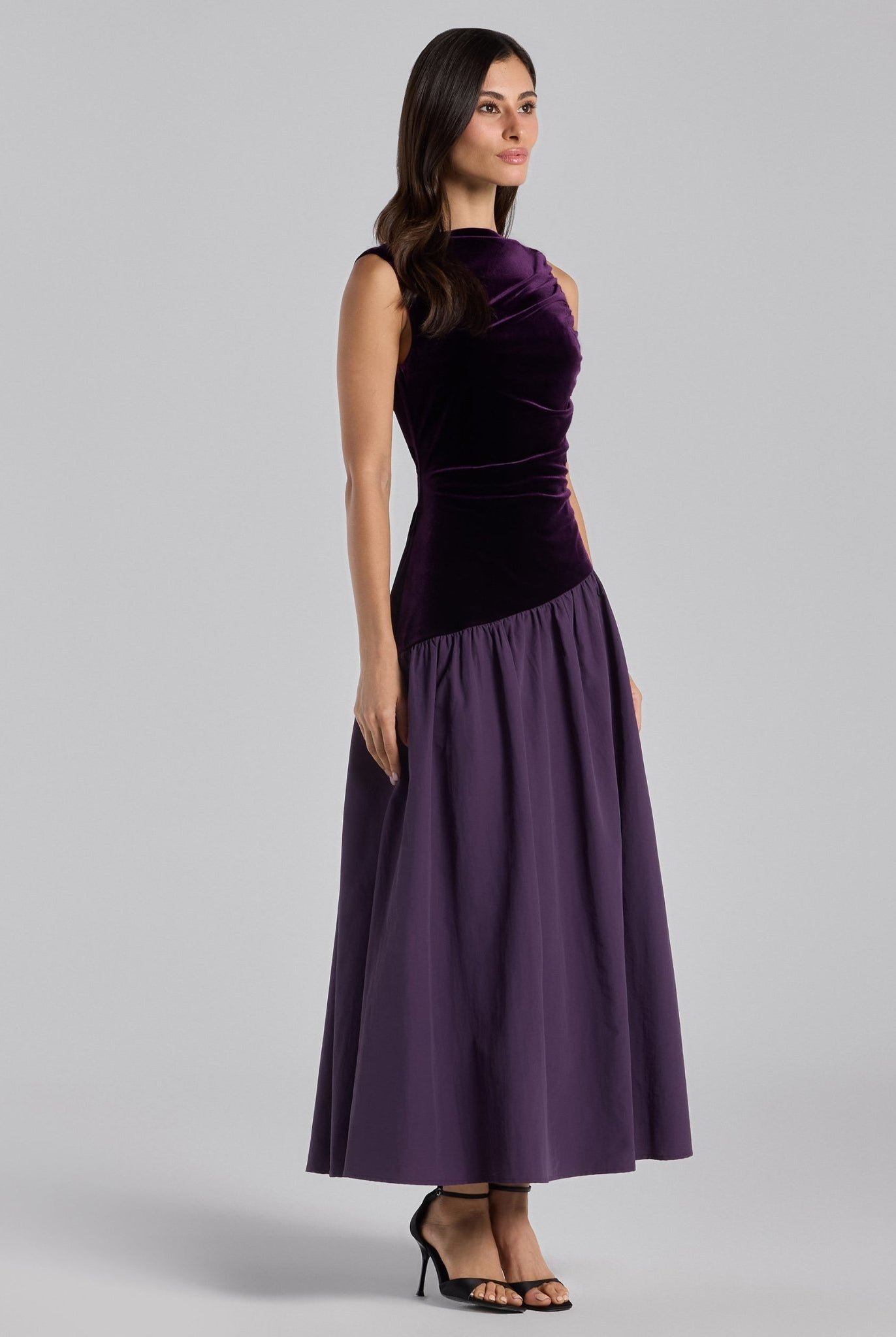 Purple Draped Velvet Midi Dress - shopaleena