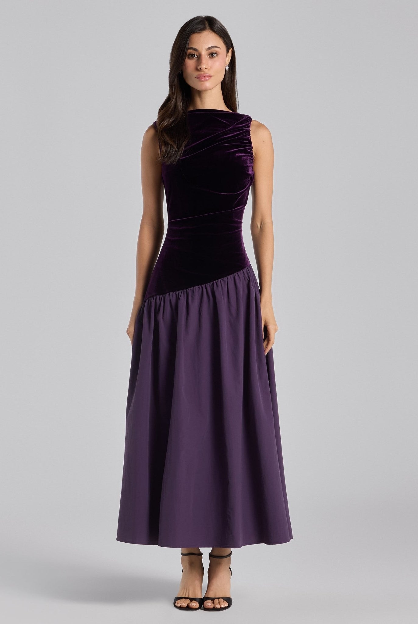 Purple Draped Velvet Midi Dress - shopaleena