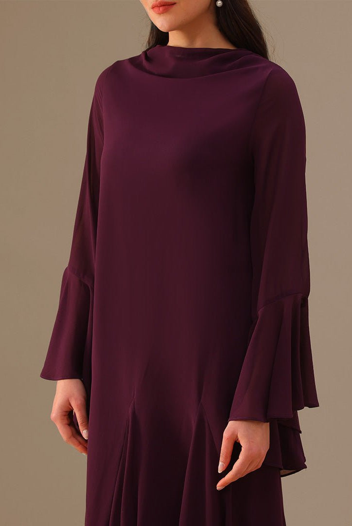 Purple Flared Long Sleeve Chiffon Maxi Dress - shopaleena