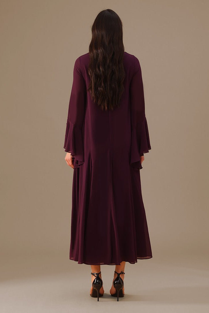 Purple Flared Long Sleeve Chiffon Maxi Dress - shopaleena