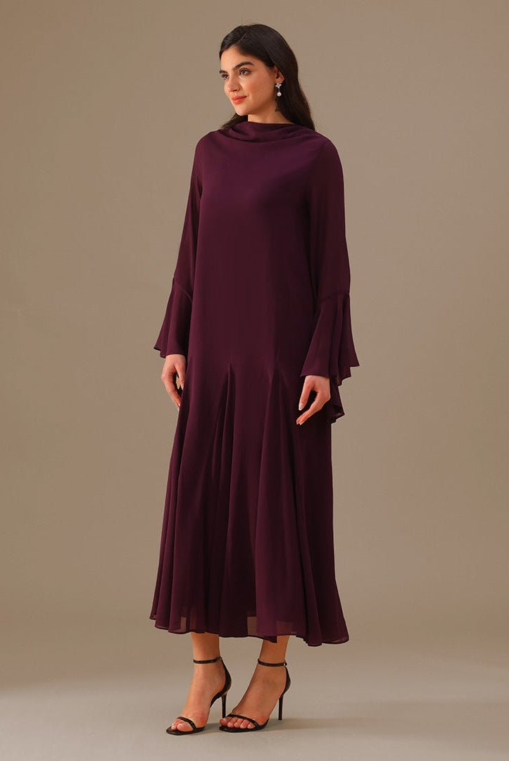 Purple Flared Long Sleeve Chiffon Maxi Dress - shopaleena