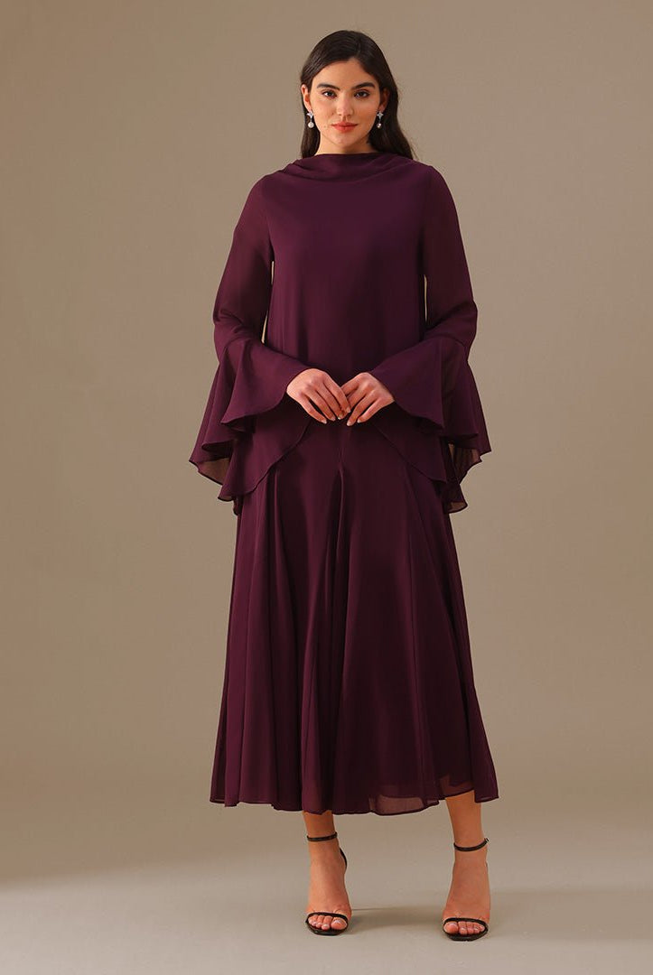Purple Flared Long Sleeve Chiffon Maxi Dress - shopaleena