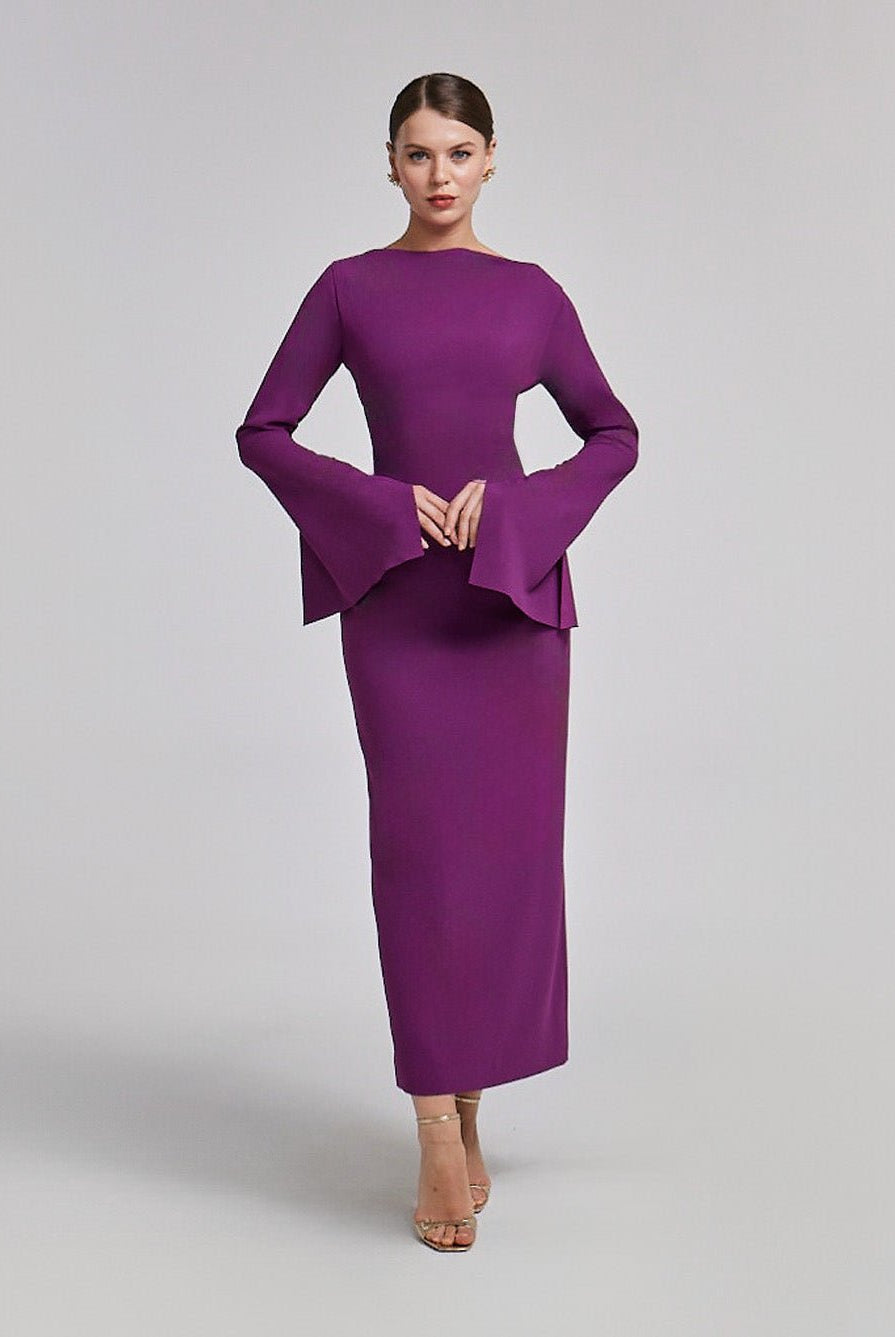 Purple Flared Long Sleeve Maxi Dress - shopaleena