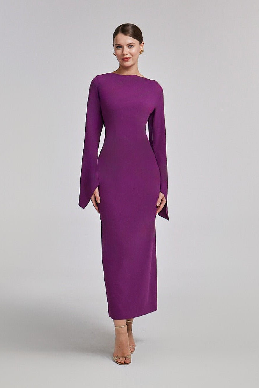 Purple Flared Long Sleeve Maxi Dress - shopaleena