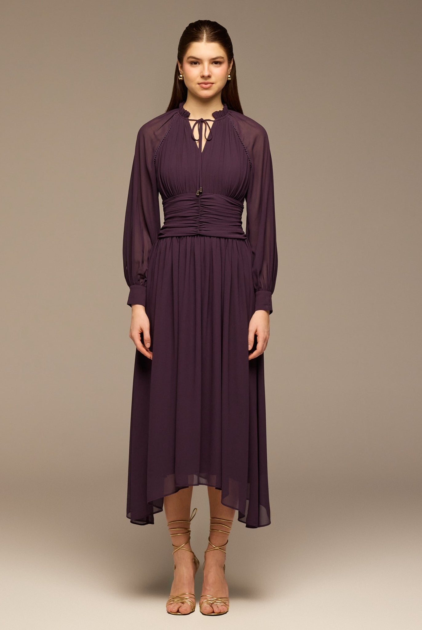 Purple Gathered Waist Chiffon Maxi Dress - shopaleena