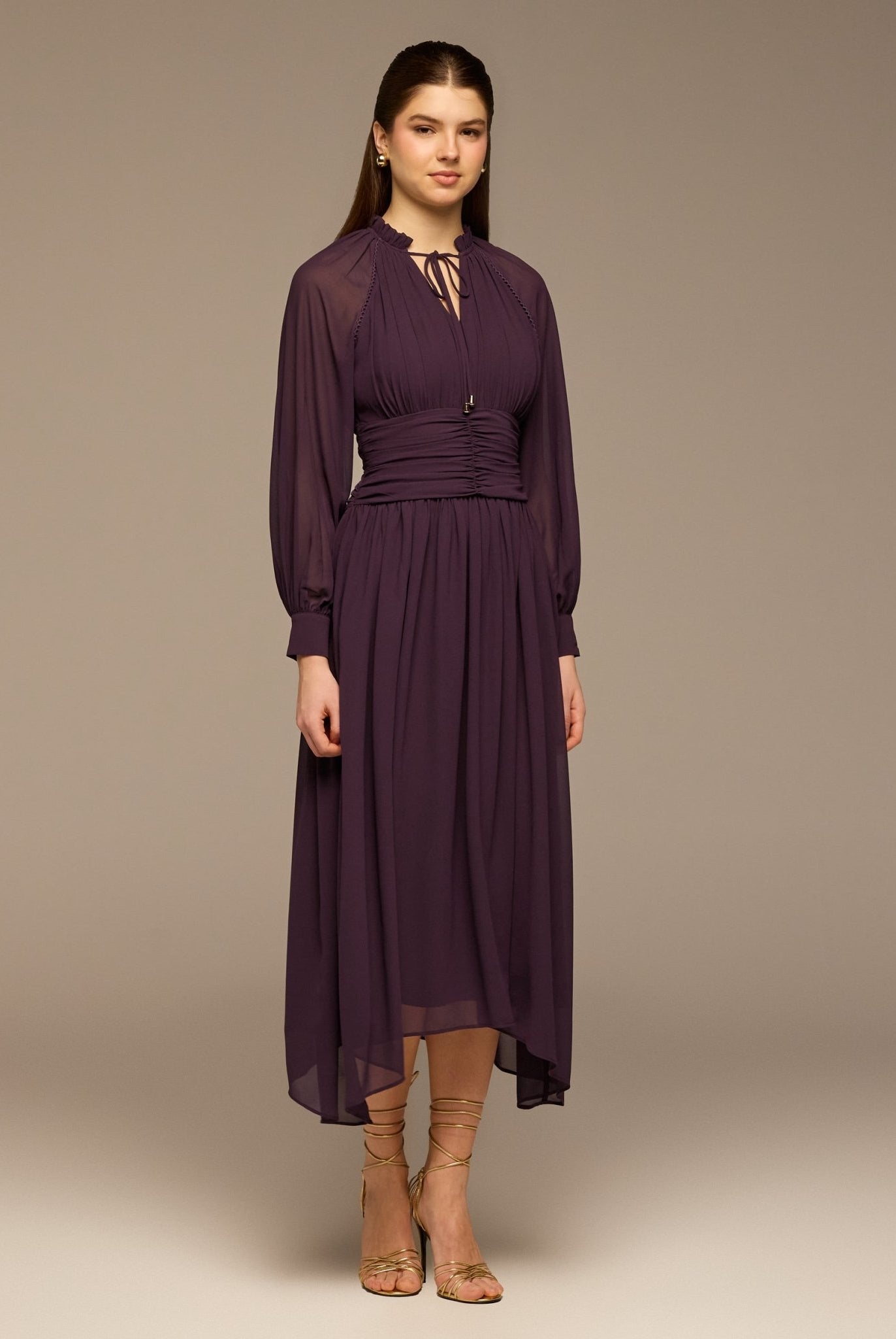Purple Gathered Waist Chiffon Maxi Dress - shopaleena