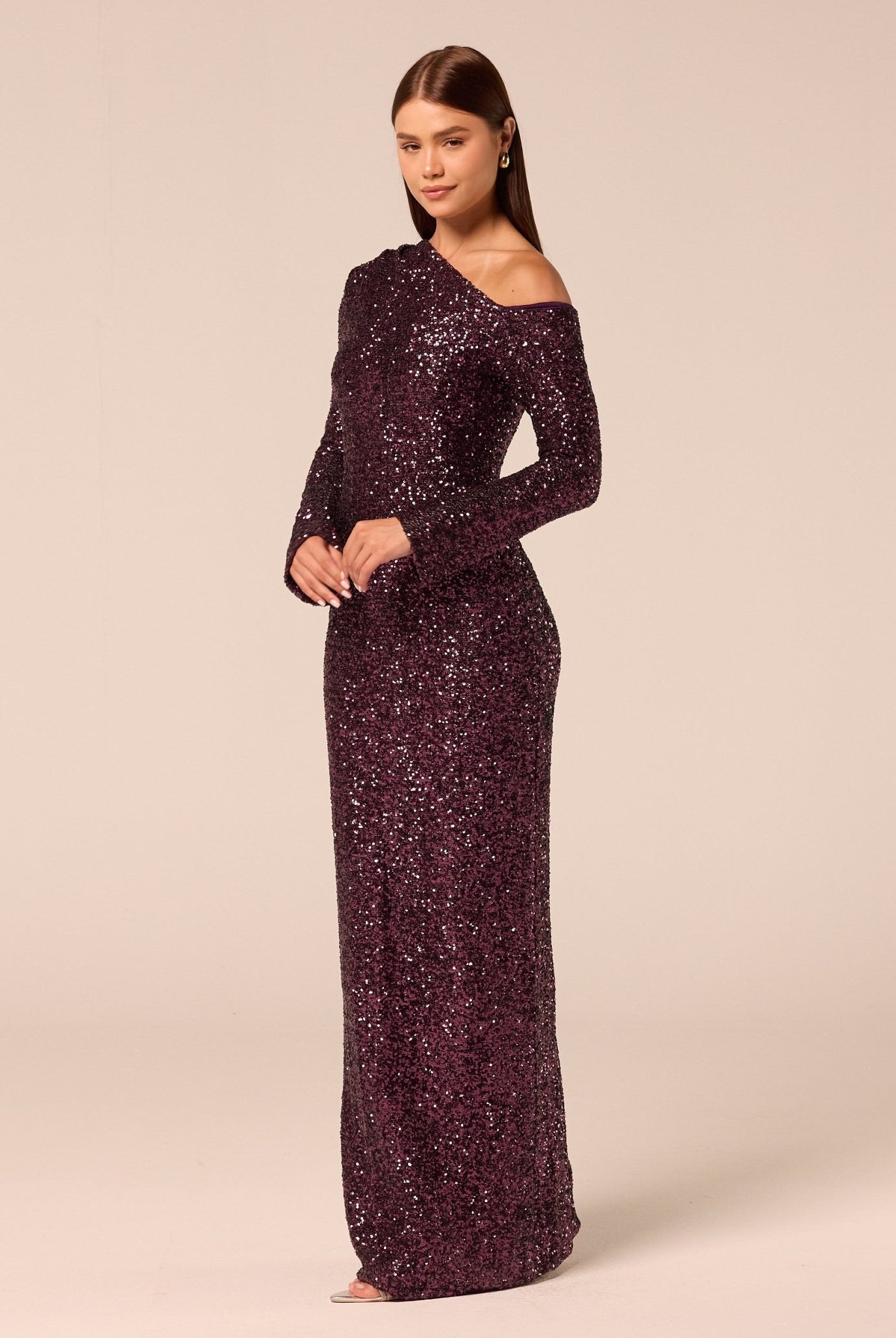 Purple Long-Sleeve Sequin Maxi Dress - shopaleena