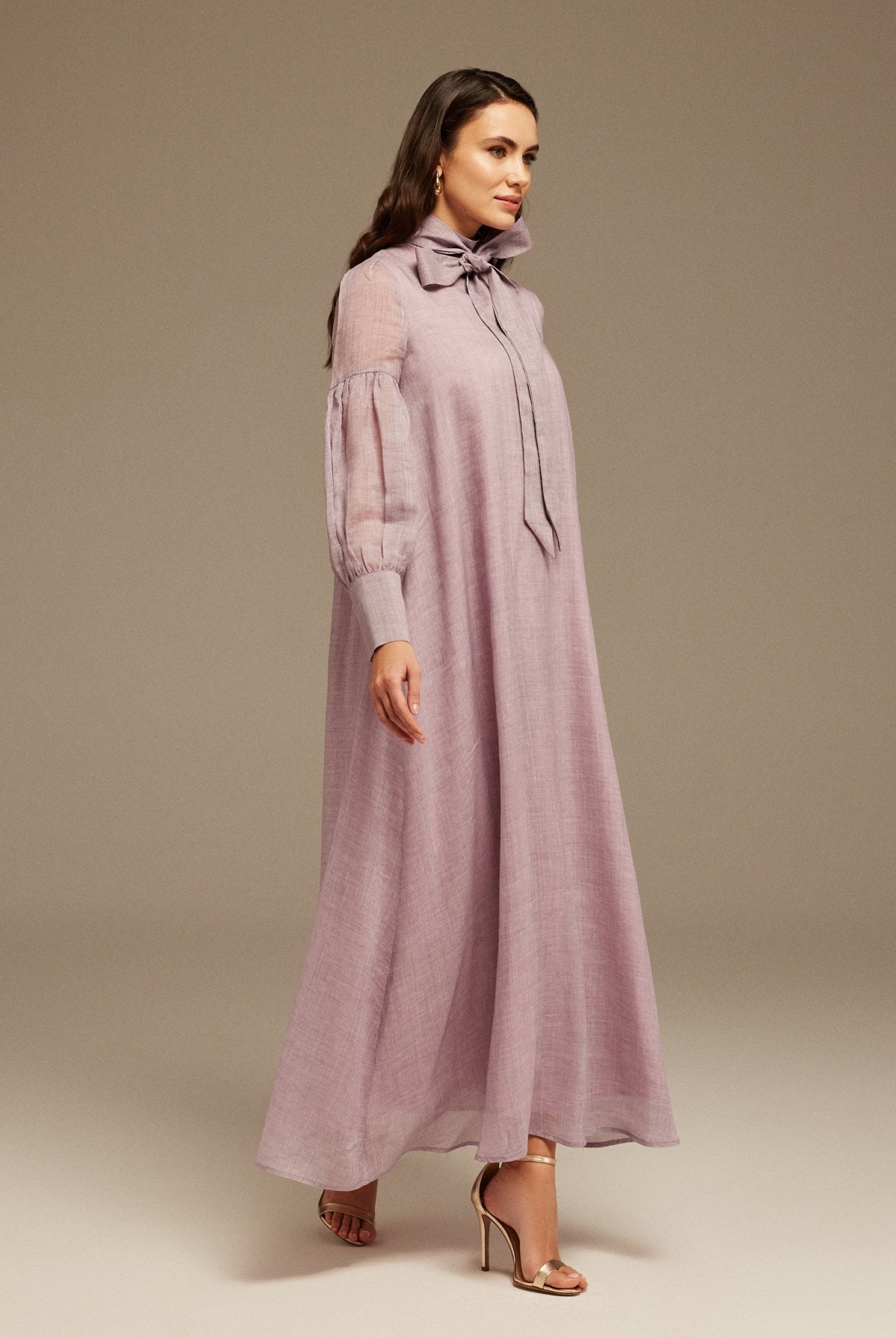 Purple Long Sleeve With Neck Bow Dress - shopaleena