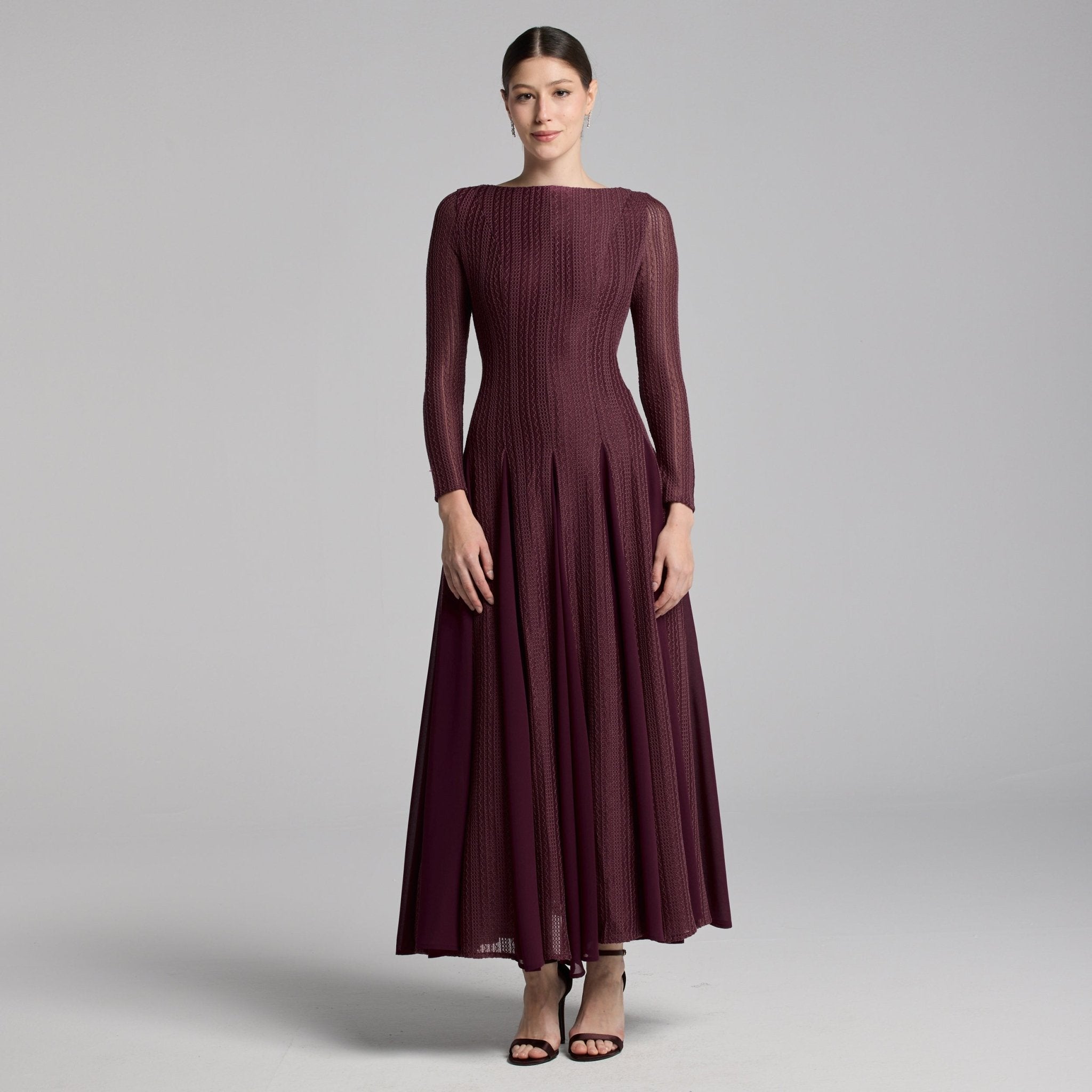Purple Long Sleeves Godet Maxi Dress - shopaleena