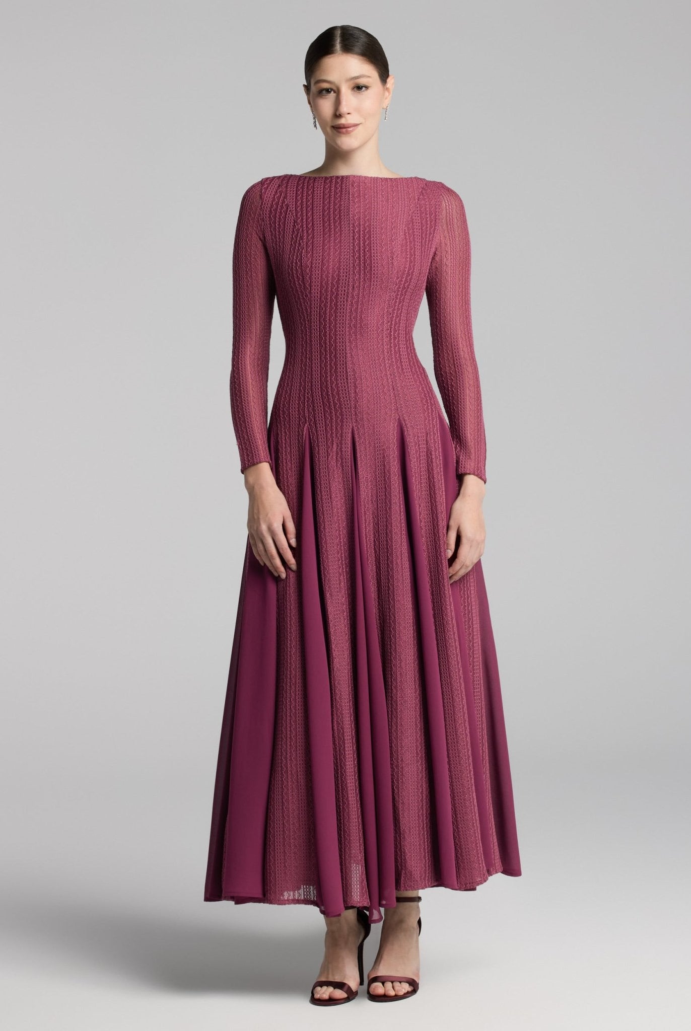Purple Long Sleeves Godet Maxi Dress - shopaleena