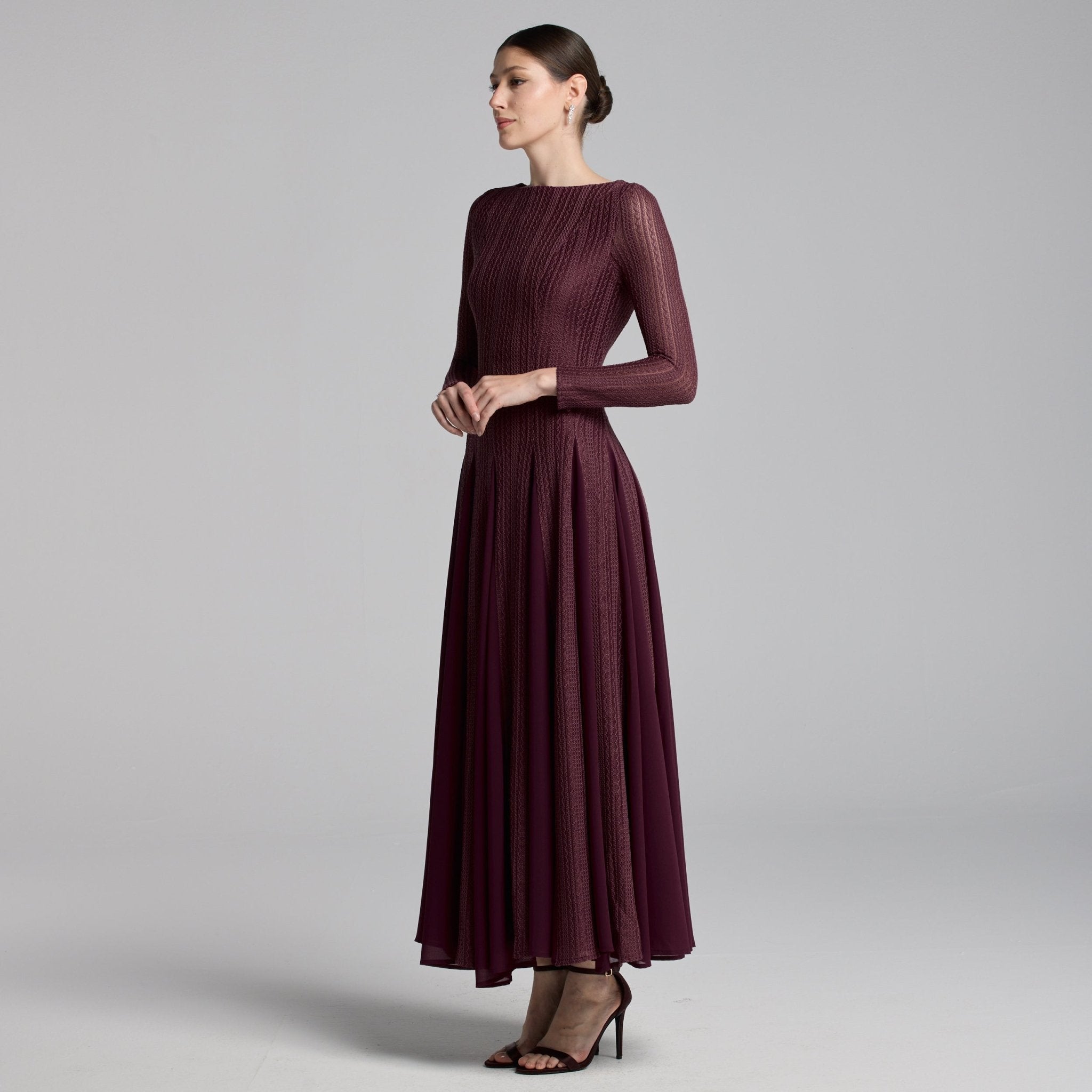 Purple Long Sleeves Godet Maxi Dress - shopaleena