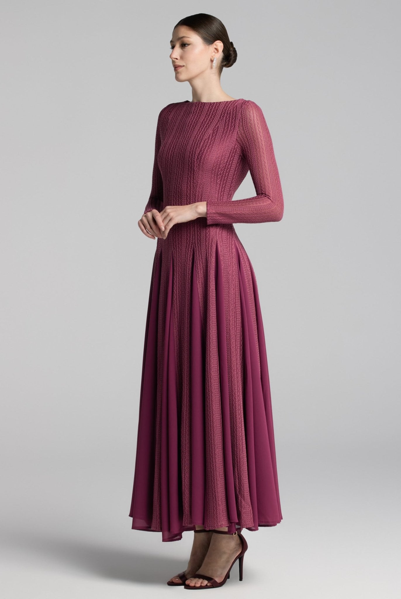 Purple Long Sleeves Godet Maxi Dress - shopaleena