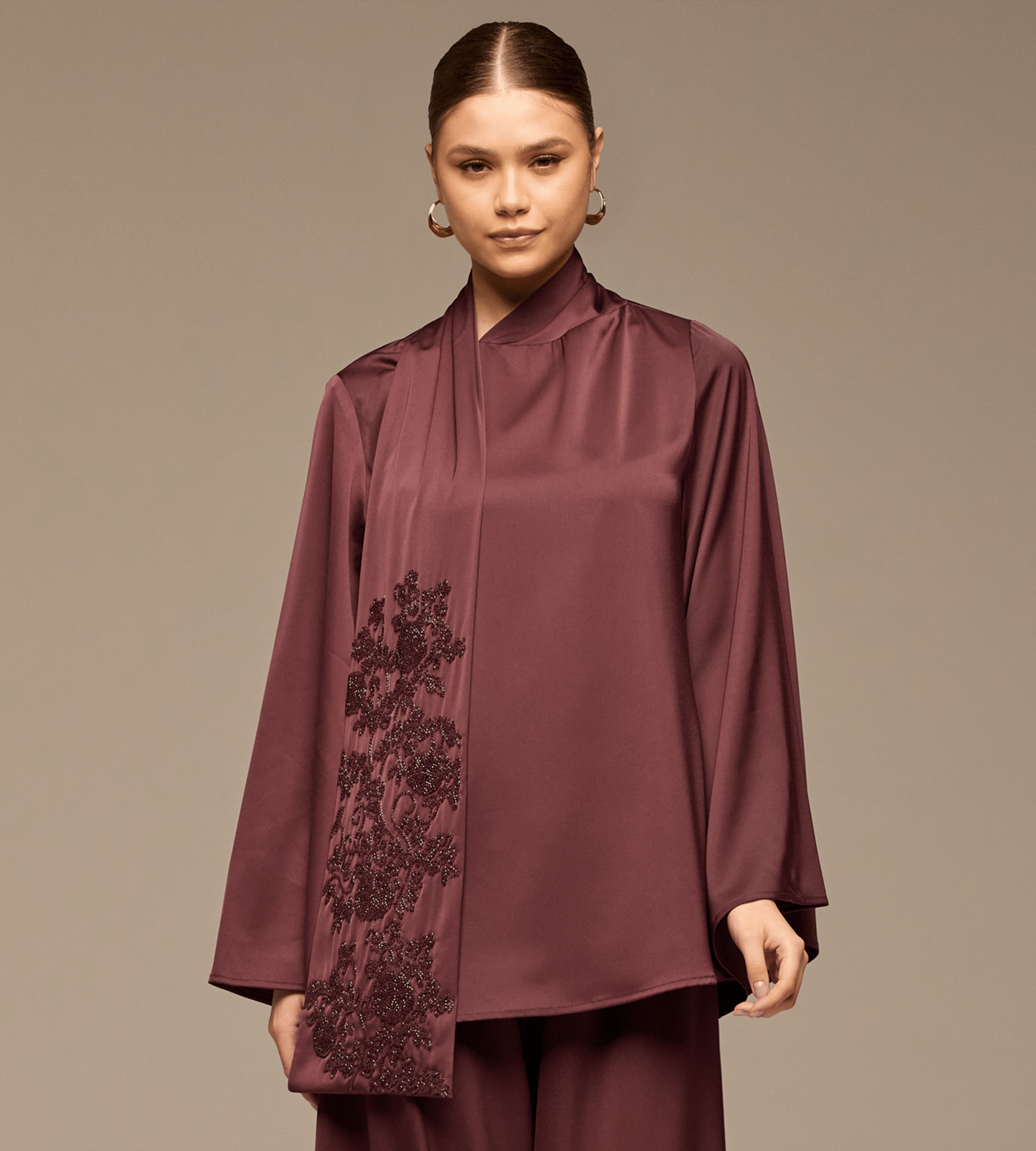 Purple Loose Fit Long Sleeve Satin Blous - shopaleena
