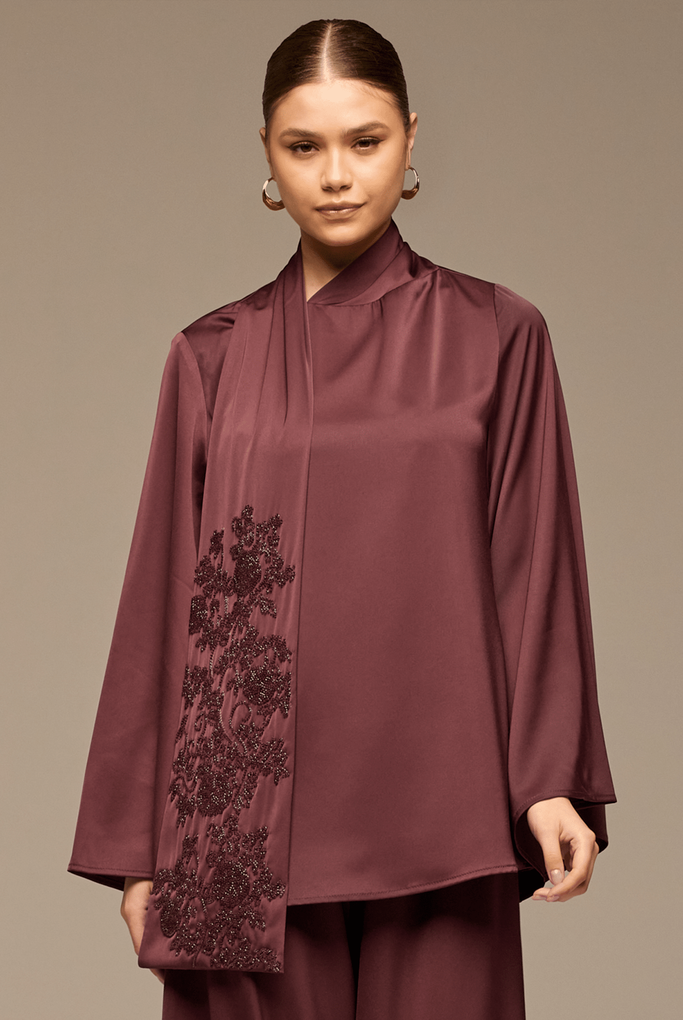 Purple Loose Fit Long Sleeve Satin Blous - shopaleena